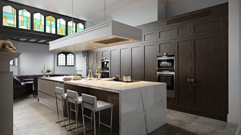 Photoreal Rendering of an Open-Plan Kitchen with Marble and Wooden Surfaces