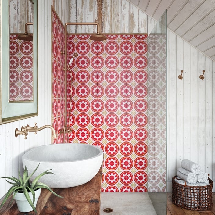 Red wall tiles 3D rendering