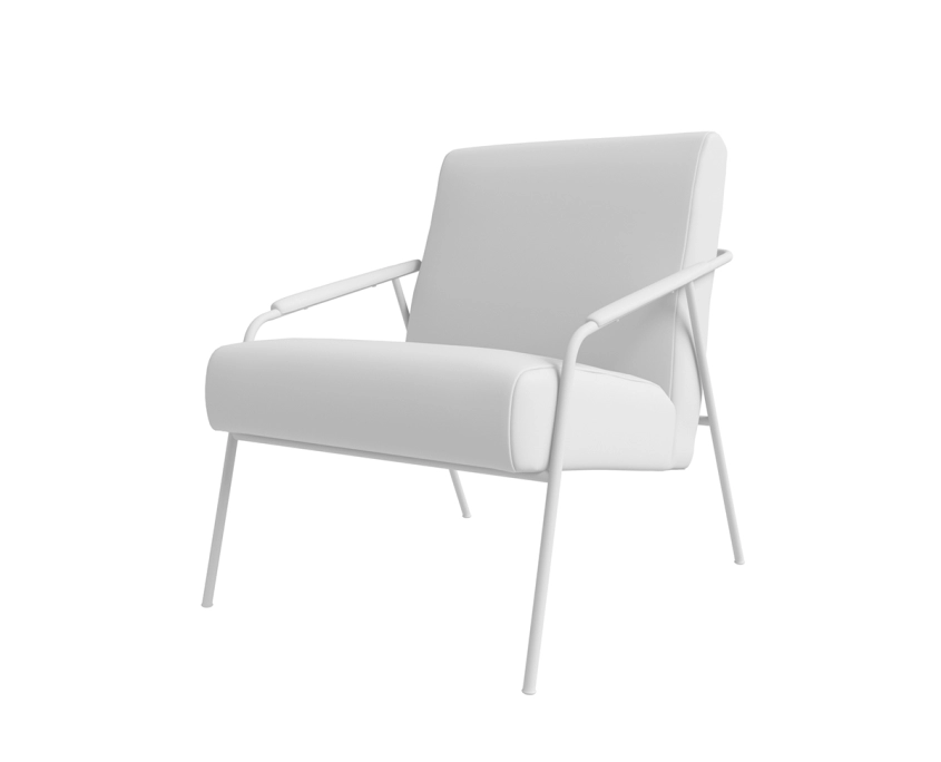 Grayscale Rendering of an Upholstered Chair with Metal Frame