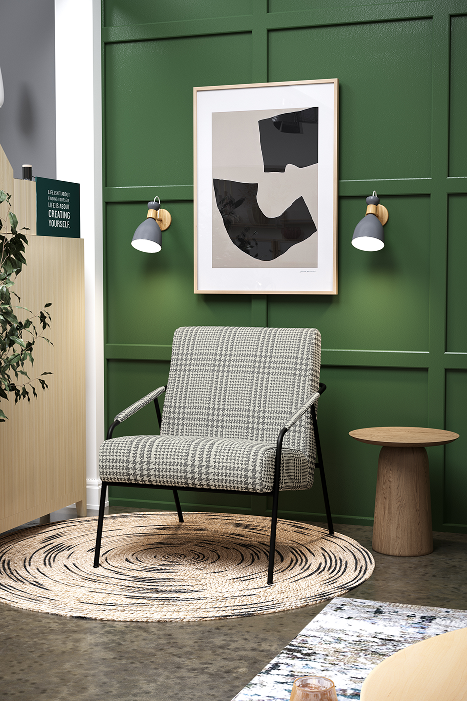Lifestyle Rendering of an Upholstered Chair with Metal Frame