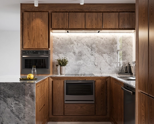 Lifestyle Rendering of a Wood and Marble Kitchen