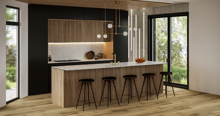 Lifestyle Rendering of a Wood Kitchen with Black Accents