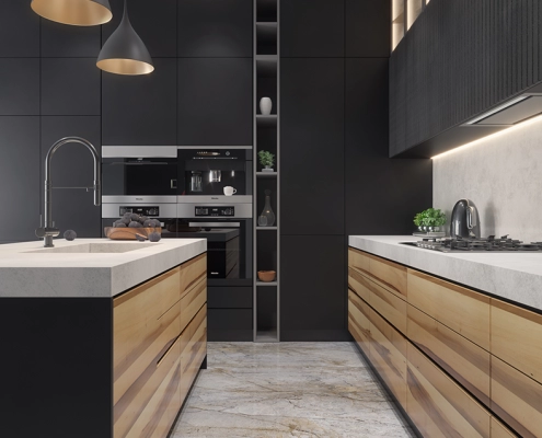 Lifestyle Rendering of a Gray and Wood Kitchen