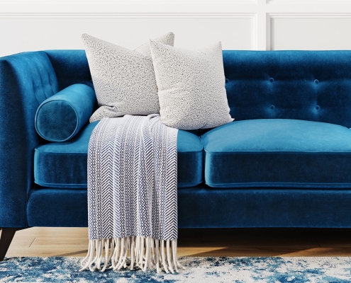 Photoreal CGI of a Blue Velvet Sofa with Cushions