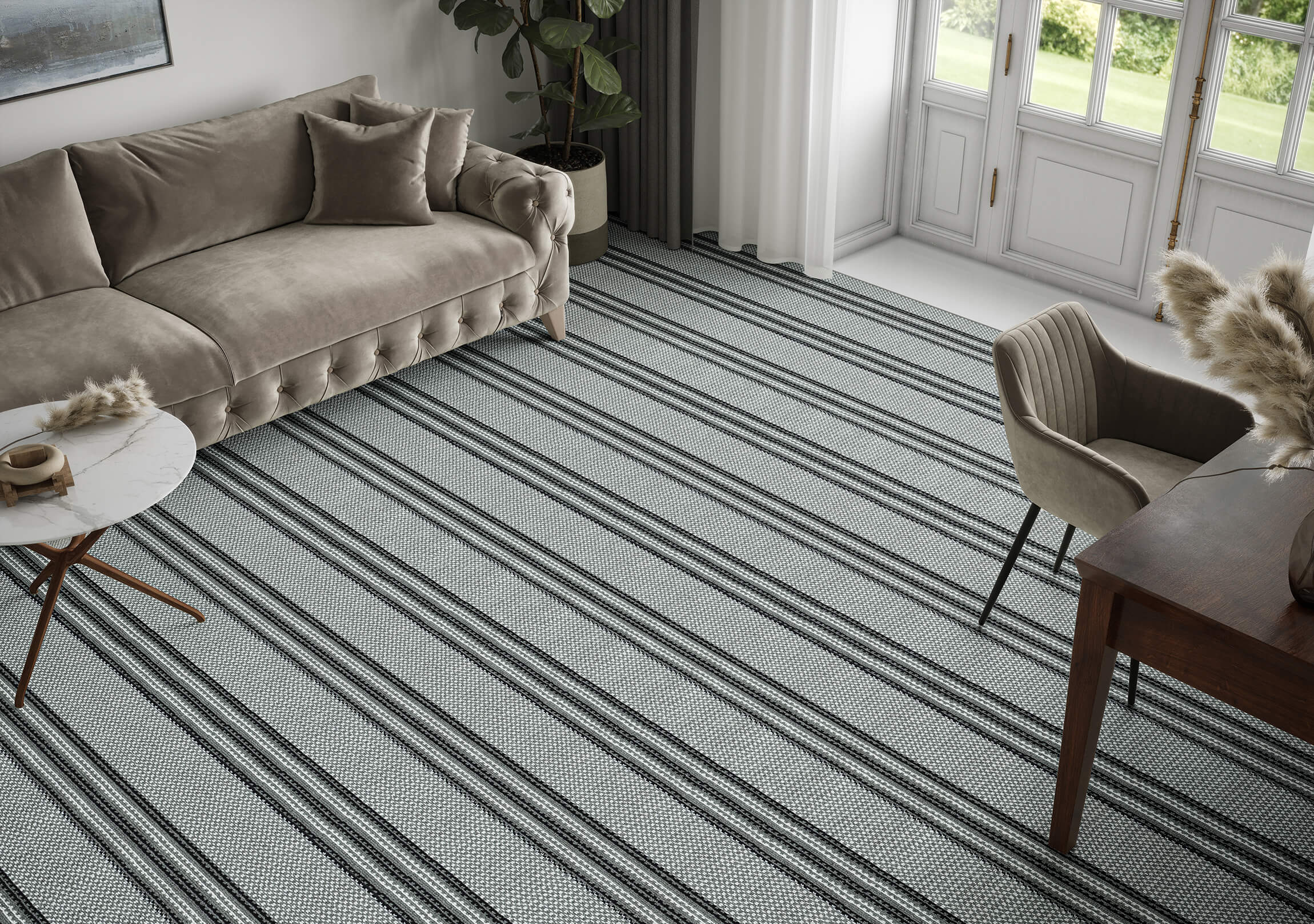 Lifestyle 3D Render of a Striped Carpet