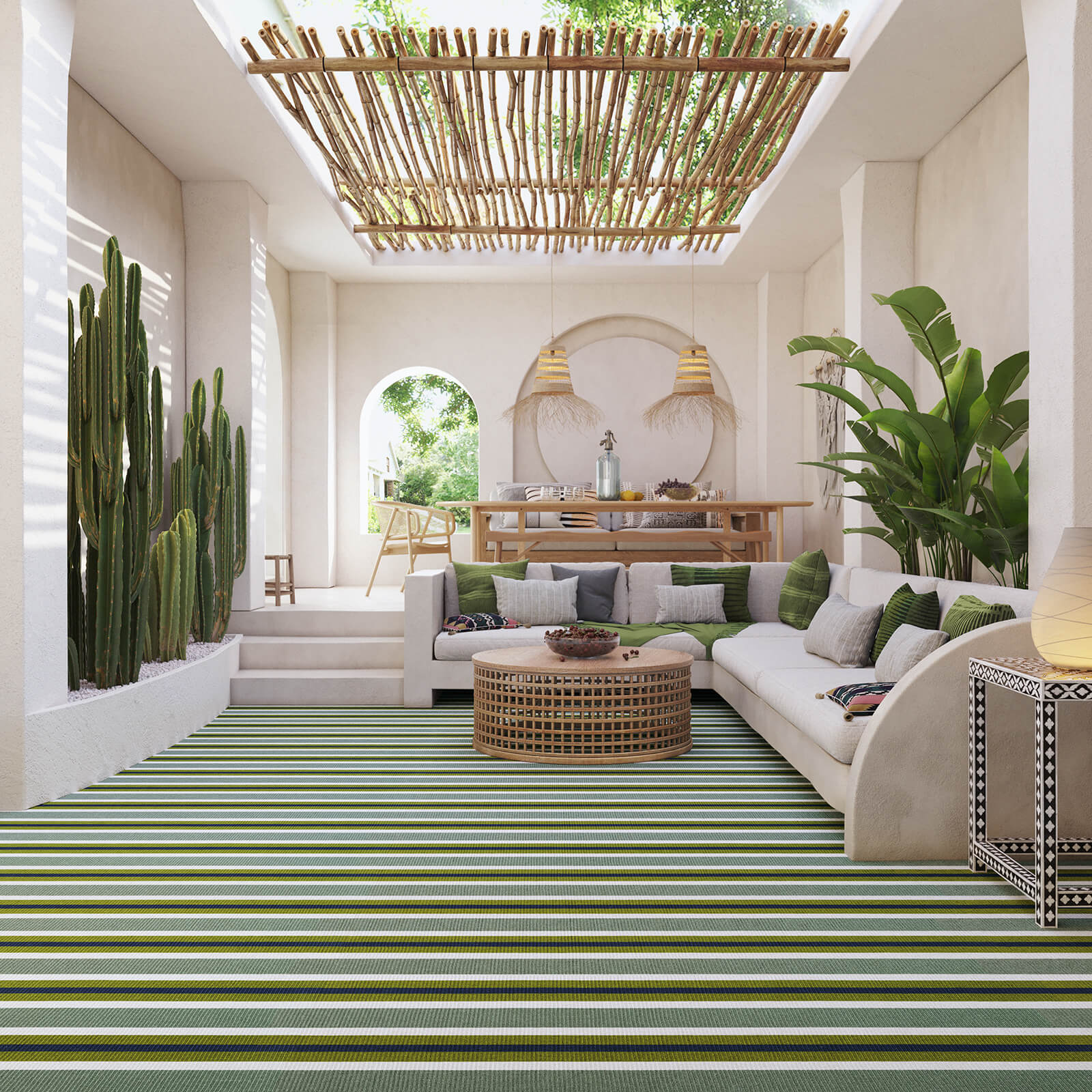 Lifestyle Visualization of a Striped Green Carpet