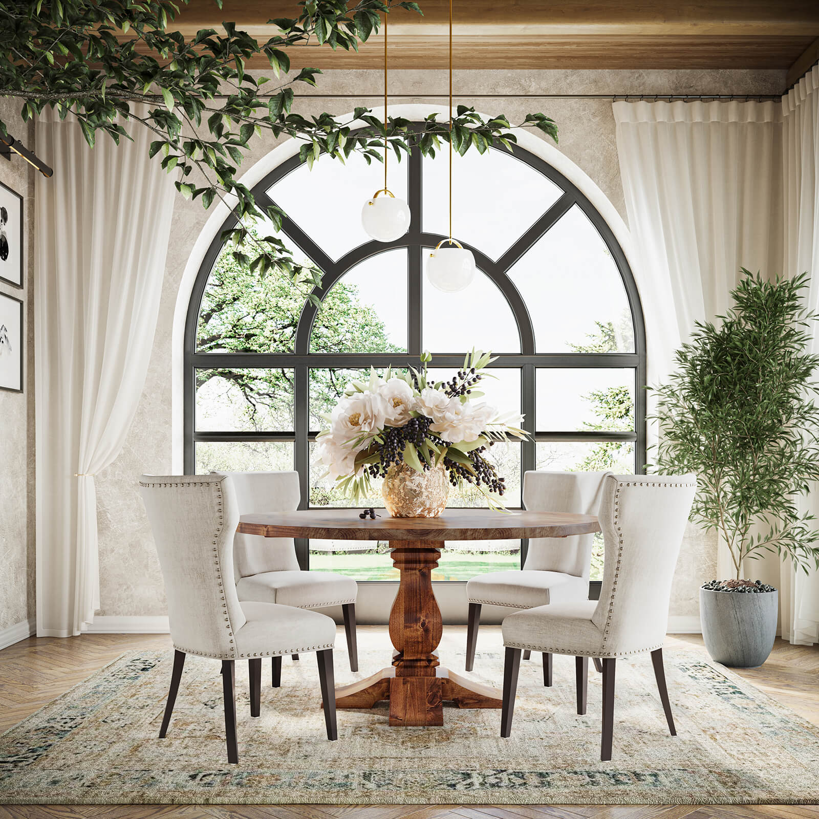 3D Render of Wooden Dining Table in Bright Country Interior