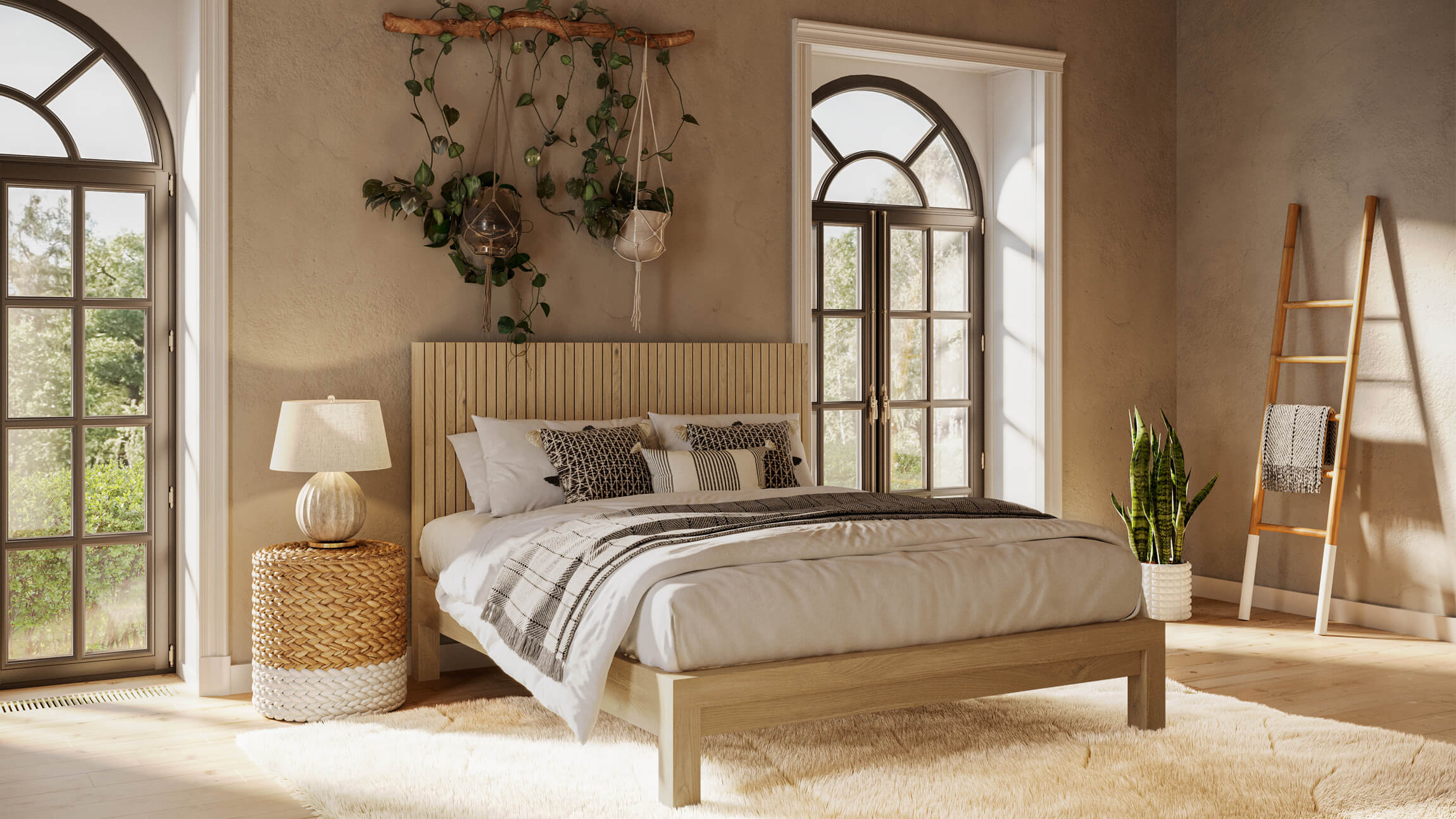 3D Rendering of a Stylish Bed in Light Wood