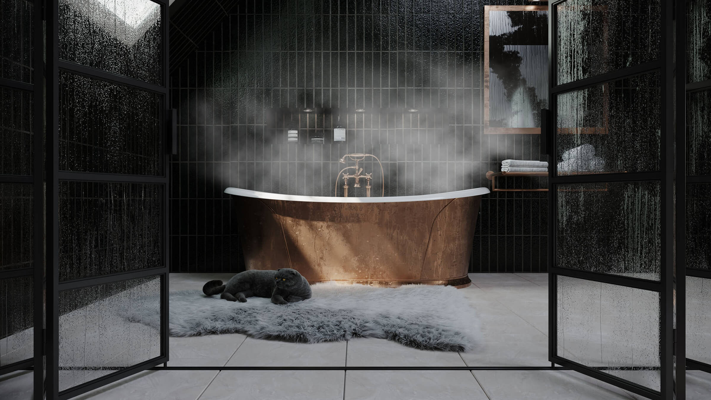 3D Rendering of Black Bathroom Tiles