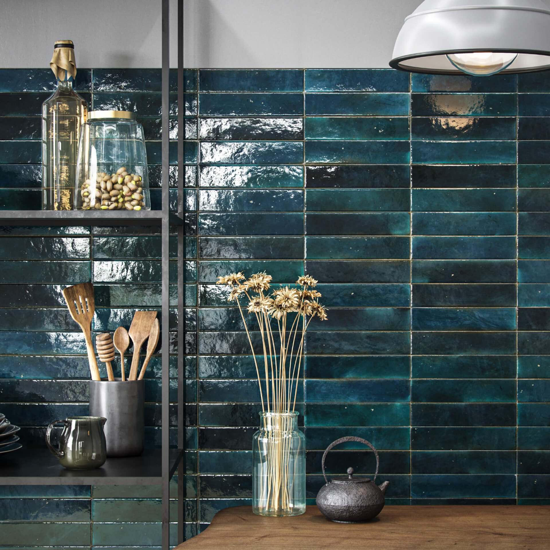 3D Rendering of Blue Wall Tiles in a Kitchen