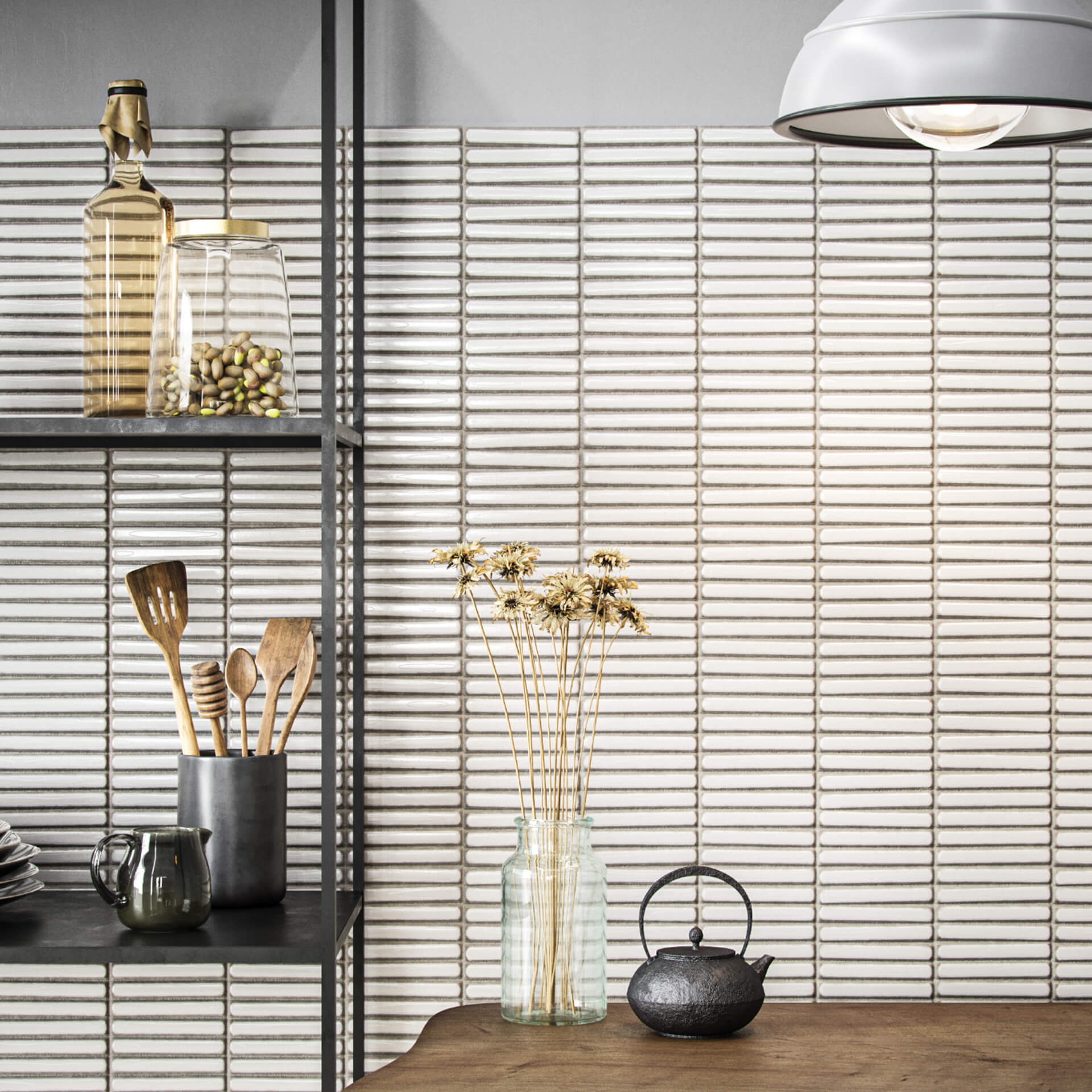3D Rendering of White Wall Tiles in a Kitchen