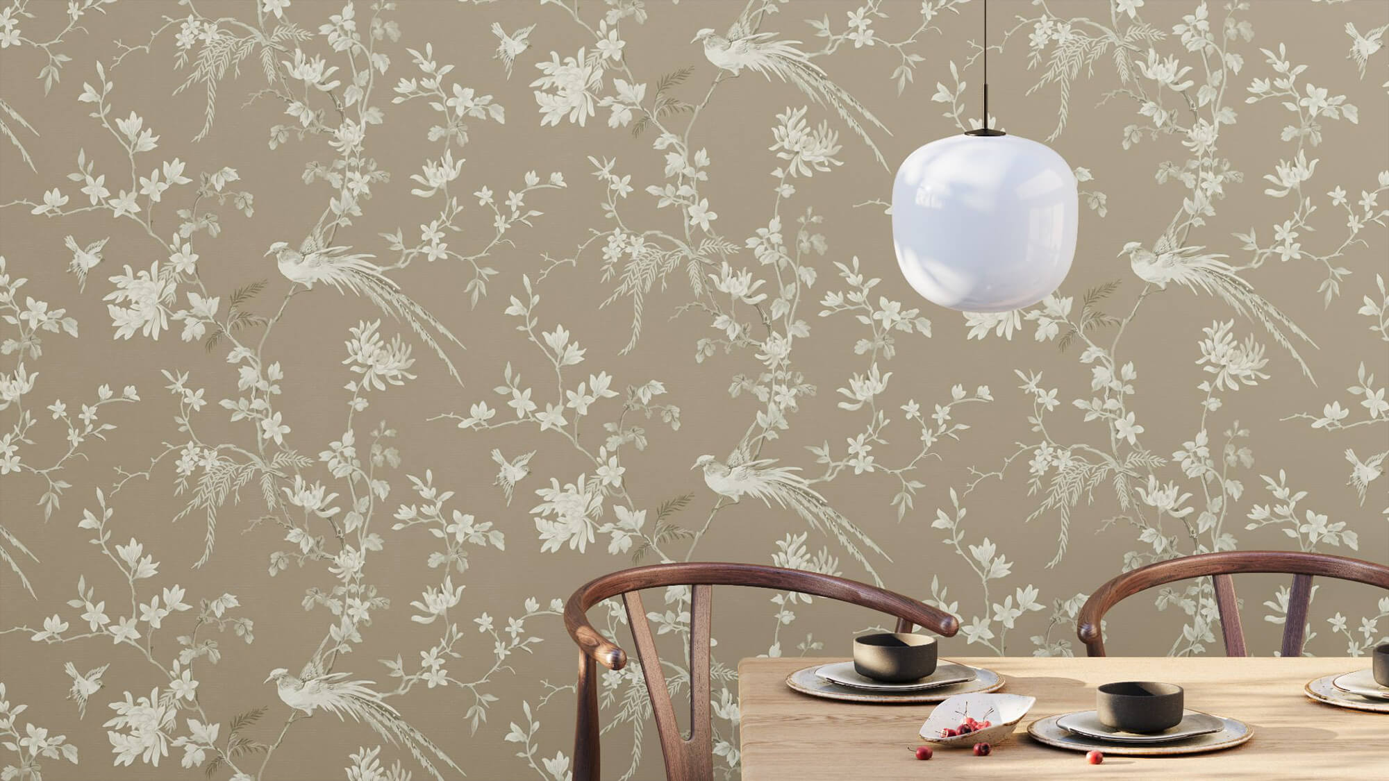 3D Visualization for Beige Wallpaper with Print