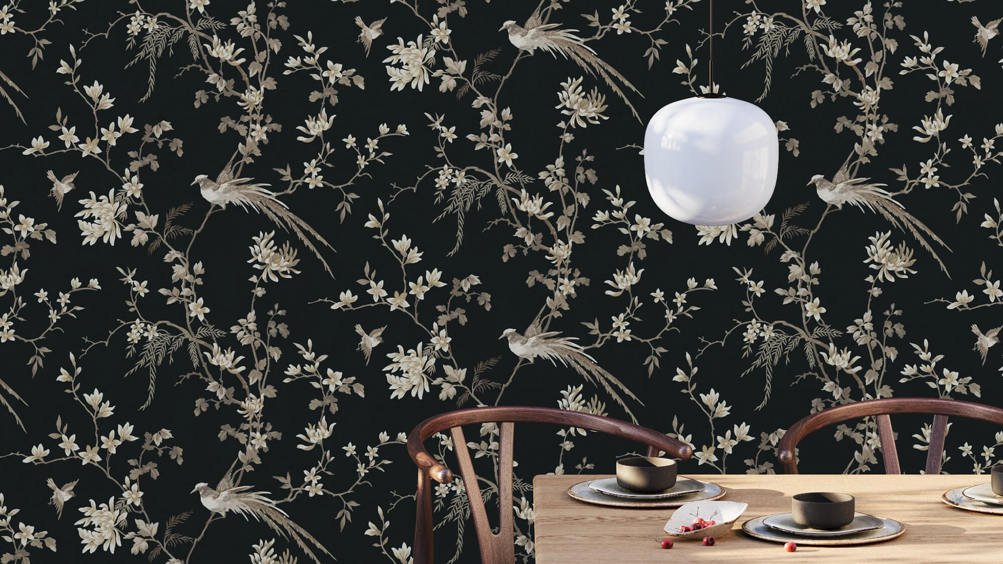 3D Visualization for Black Wallpaper with Print