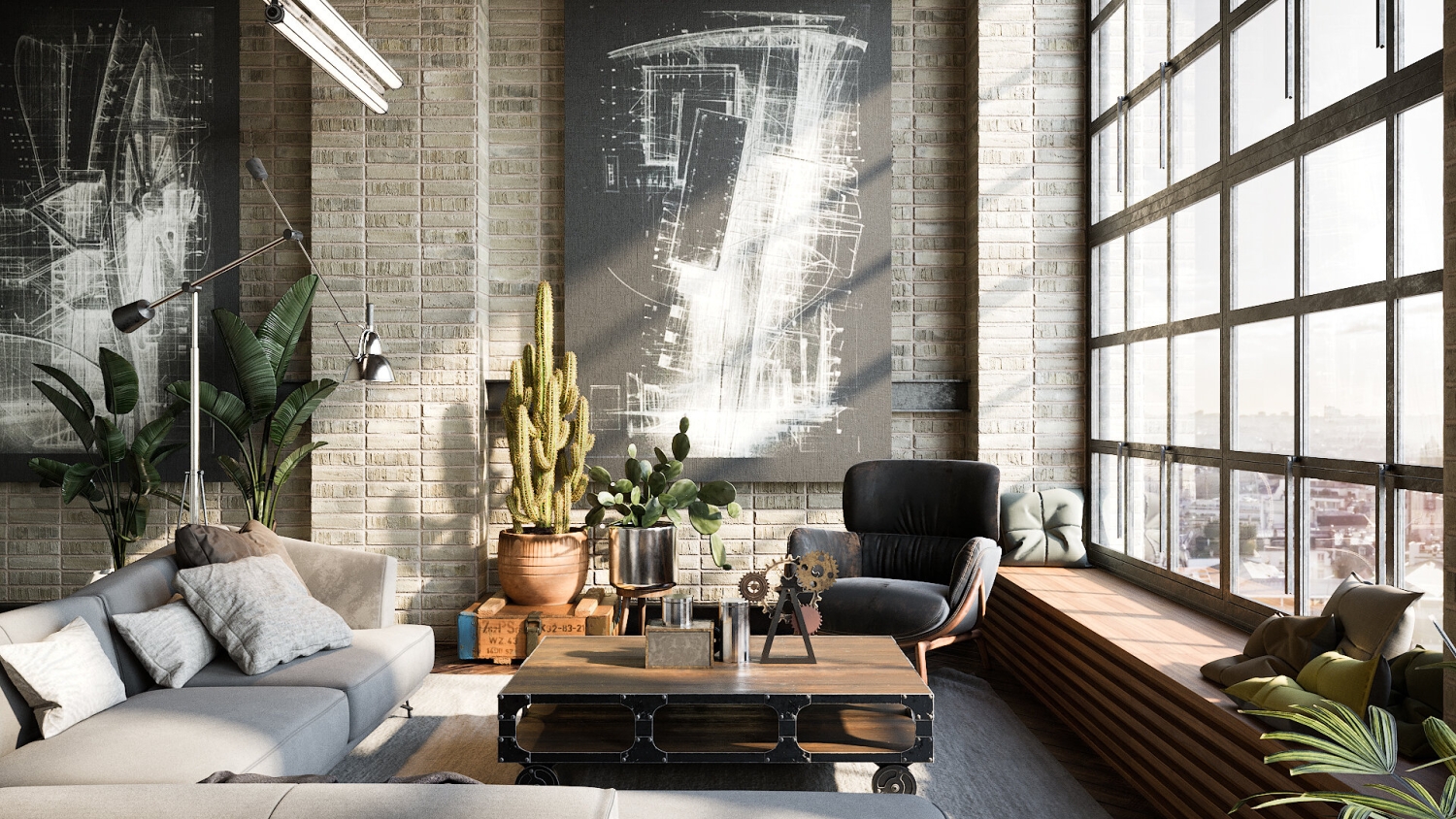 Industrial Living Room 3D Setting
