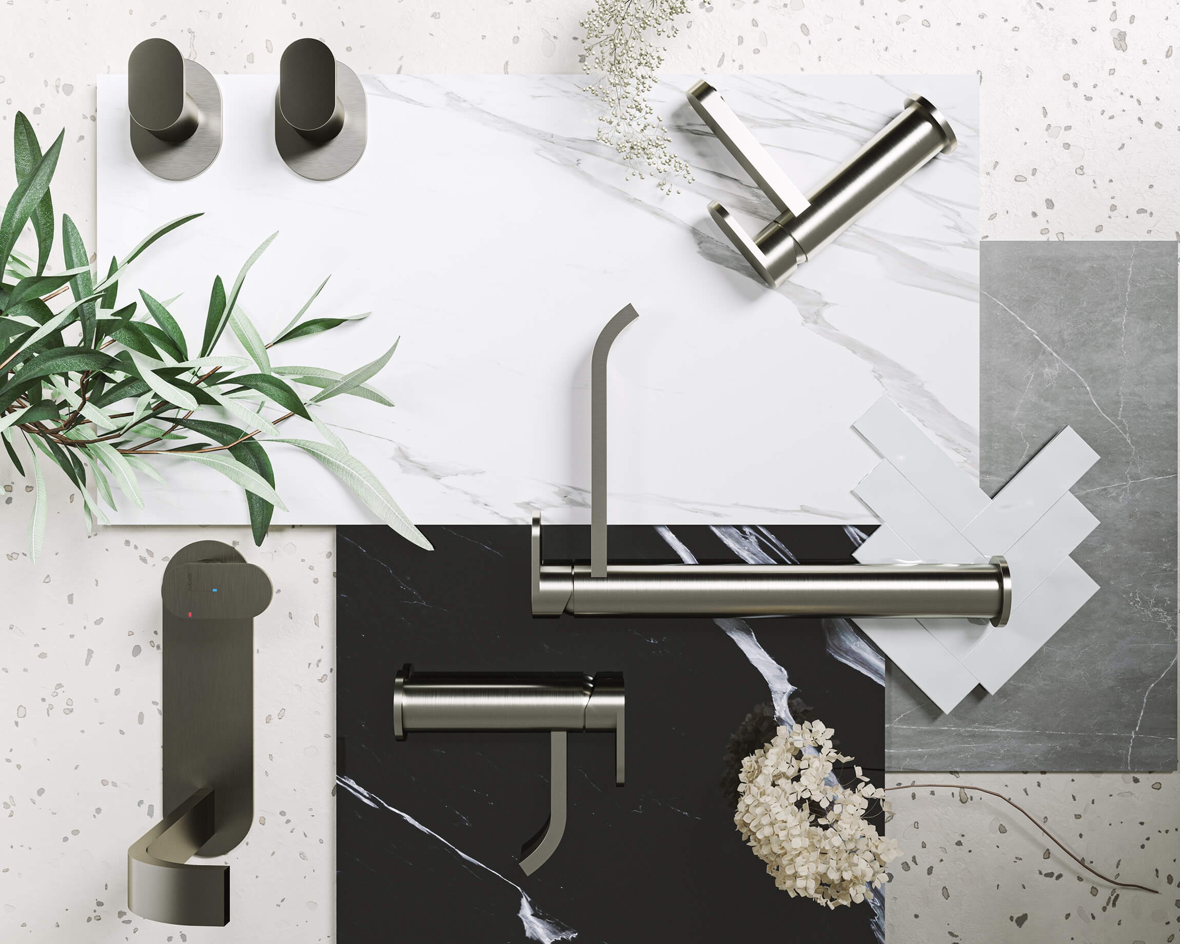 Flat Lay 3D Rendering of Faucets and Tiles