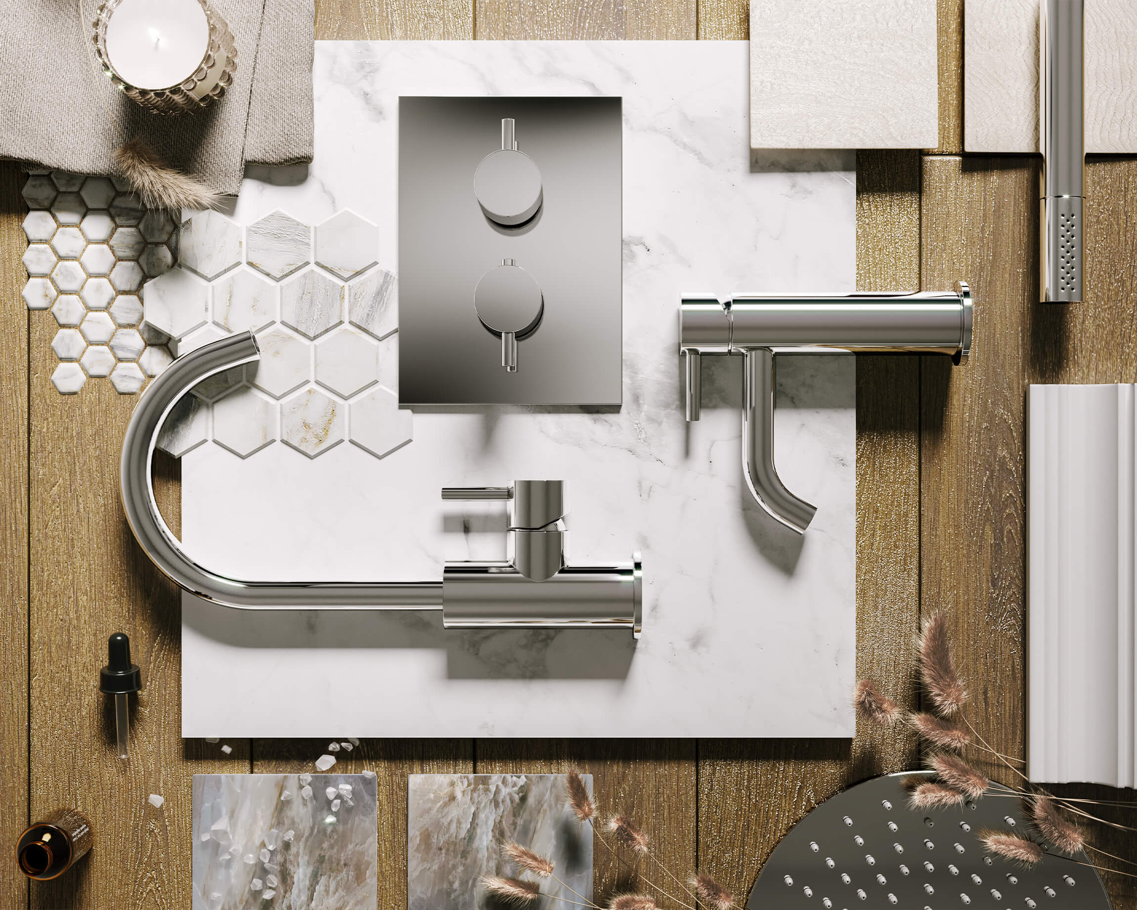 Flat Lay 3D Rendering of Faucets