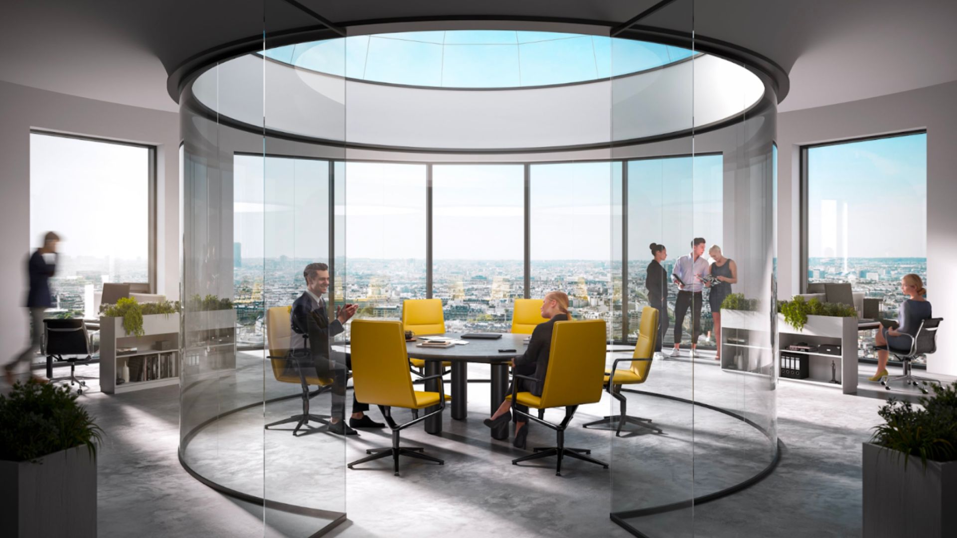 Professionals convene around a sleek, modern table in a high-rise office, with yellow chairs adding a pop of color, illustrating the success of a product in a corporate environment.