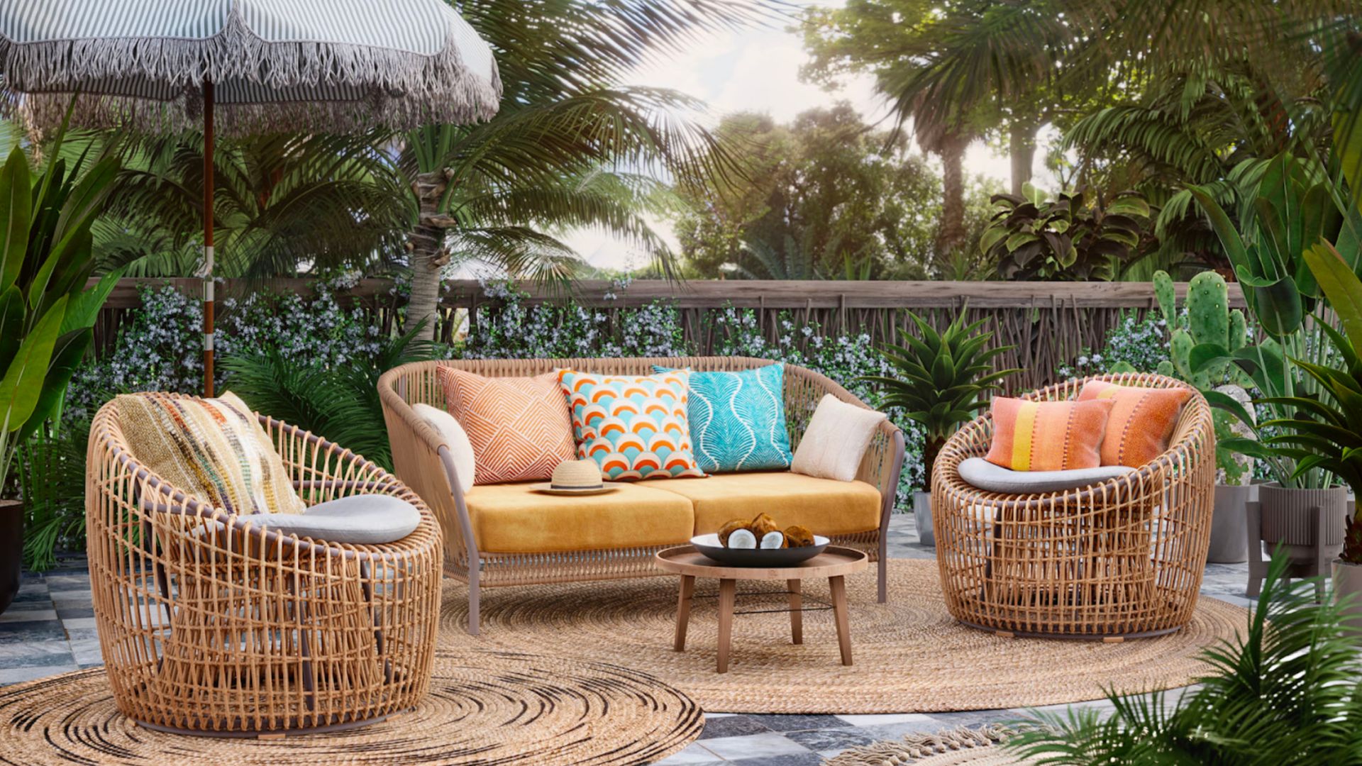 A tropical patio setup with rattan furniture and vibrant cushions, reflecting the lively spirit of summer, ideal for seasonal product range showcases.