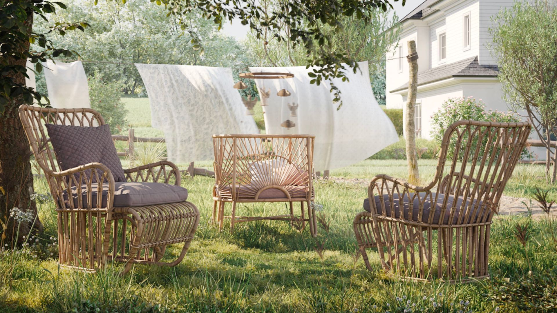 An outdoor garden setting with elegant wicker furniture, capturing the essence of spring relaxation, and showcasing the versatility of product offerings in seasonal campaigns.