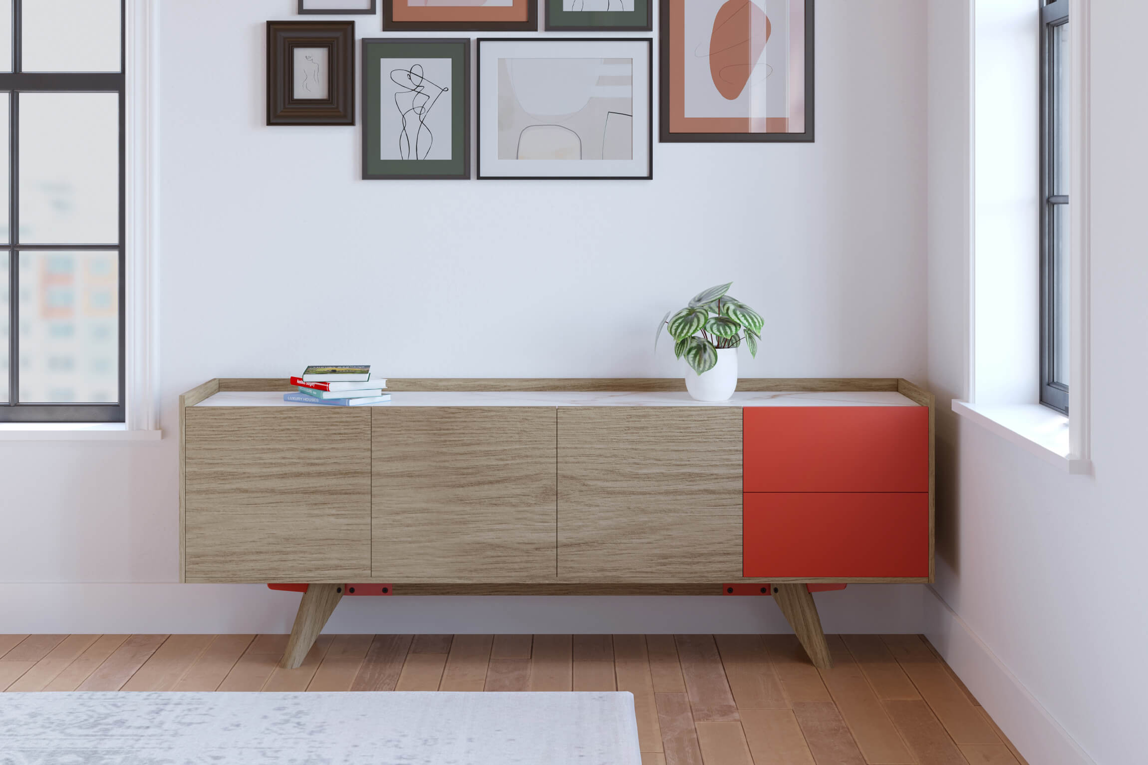 Lifestyle 3D Rendering of Wooden Cabinet with Red Detail