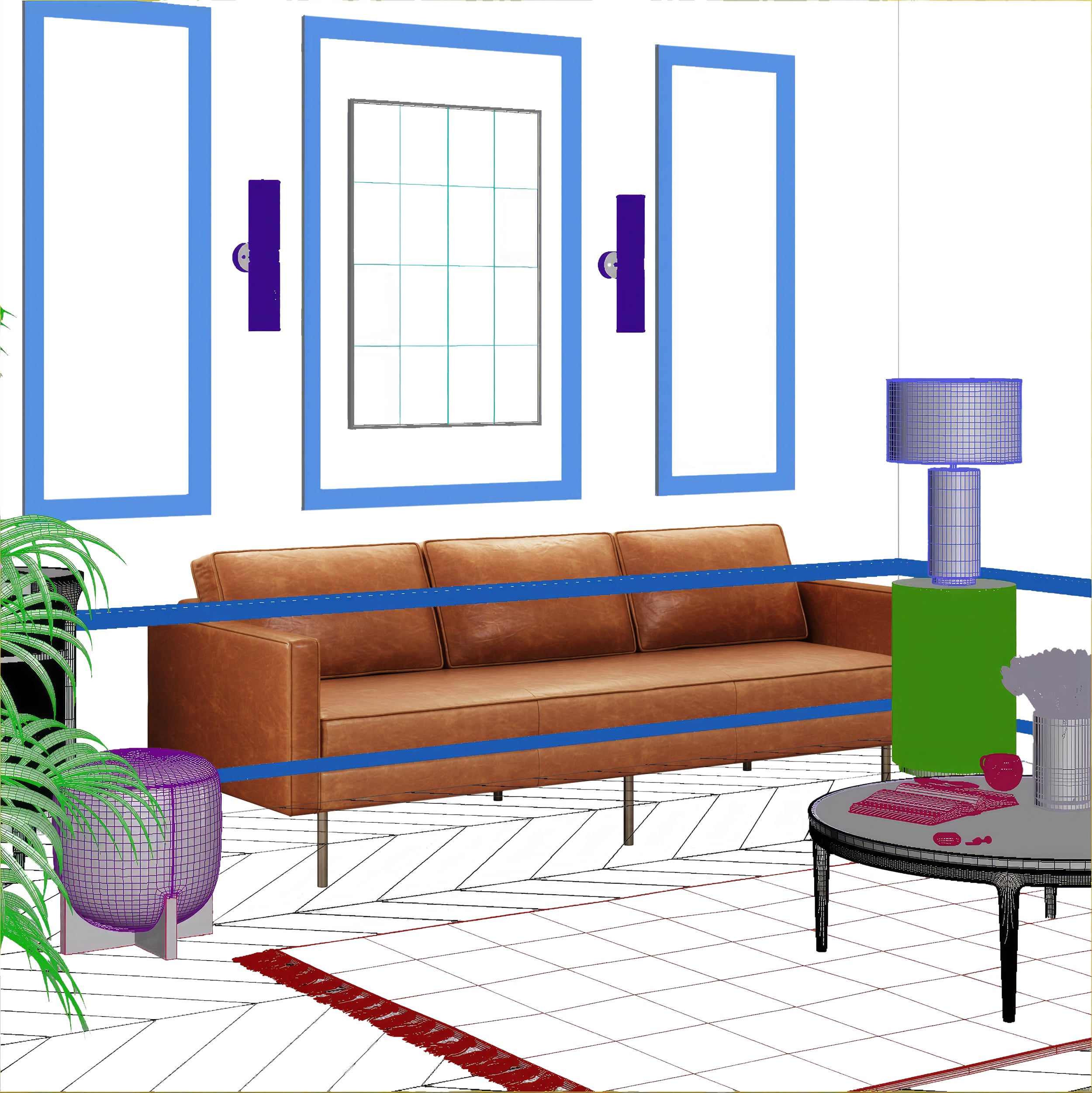 CGI Process: Sofa Grid Model in a 3D Scene