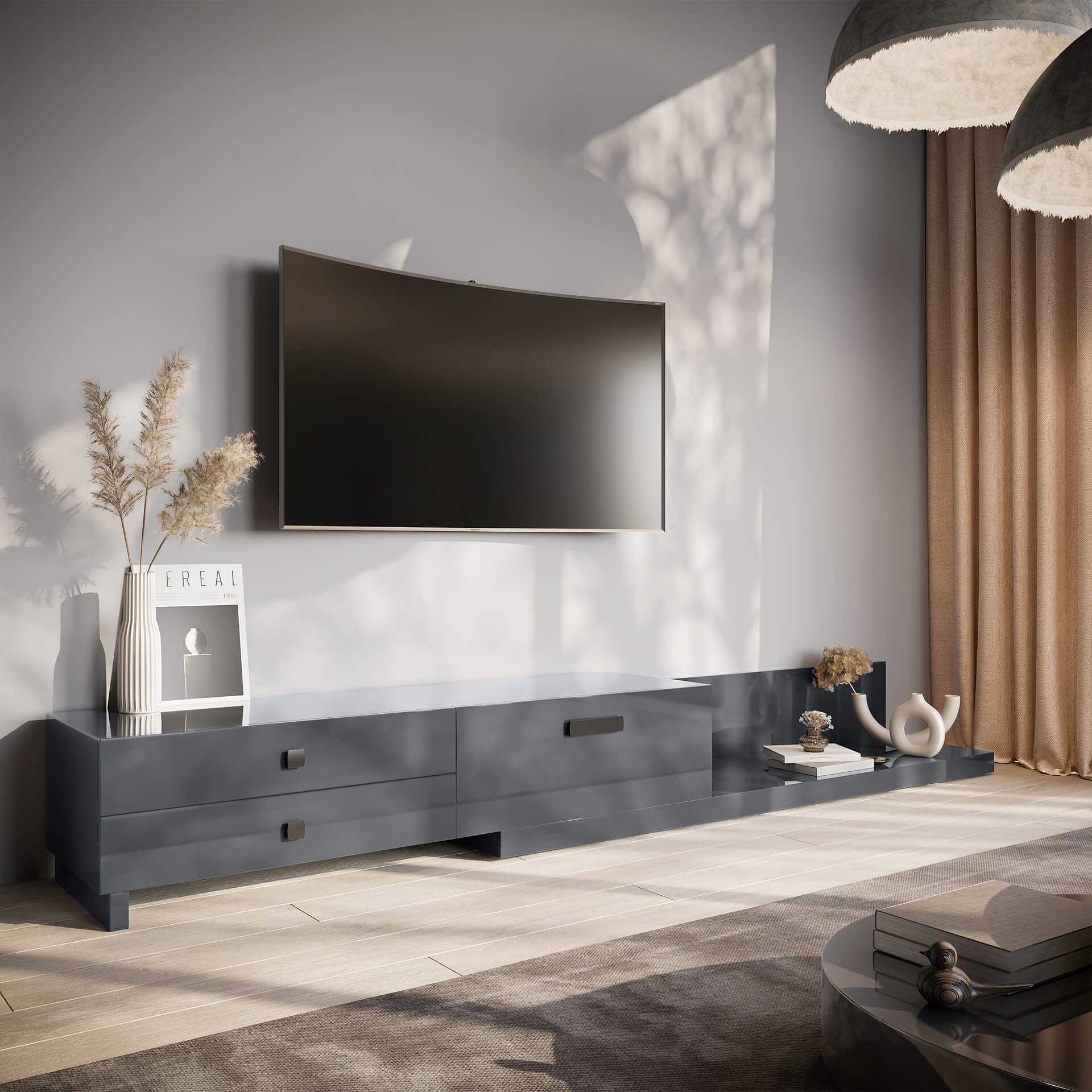 Grey Media Console Lifestyle Rendering