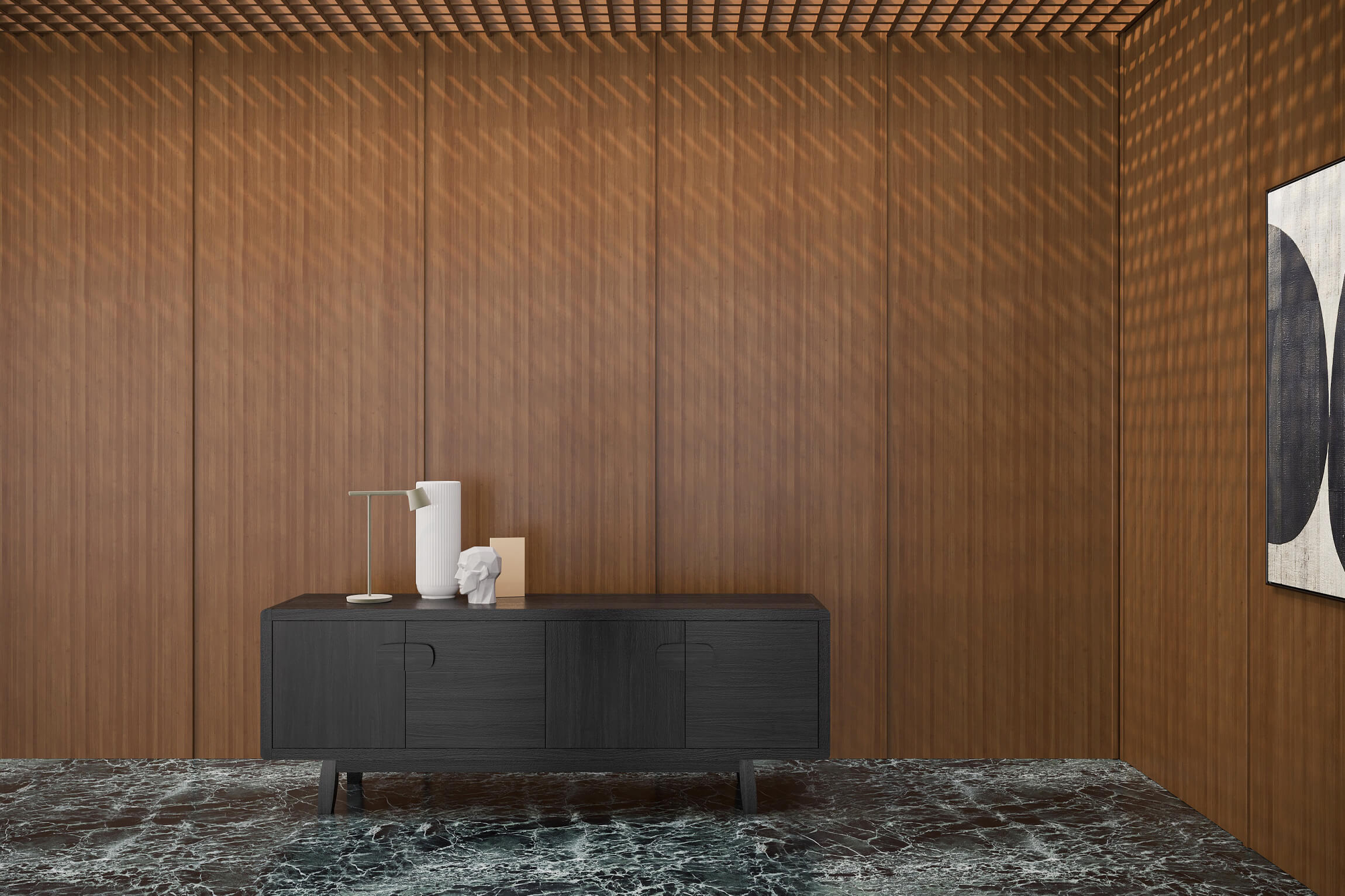 Lifestyle 3D Rendering of Black Wooden Cabinet