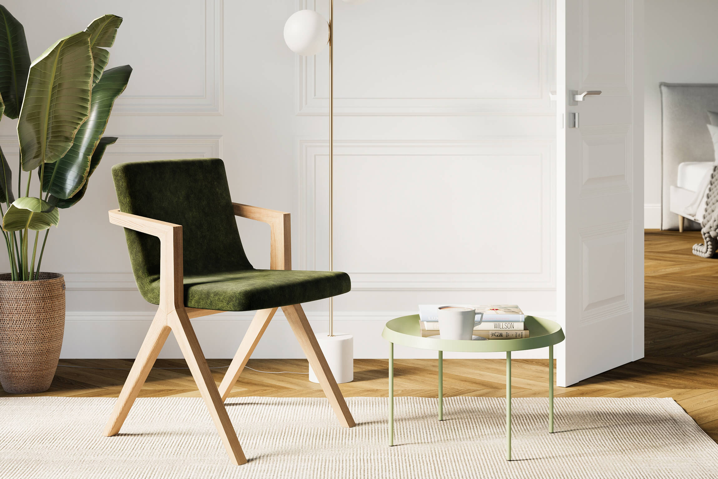 Lifestyle 3D Rendering of Elegant Green Chair