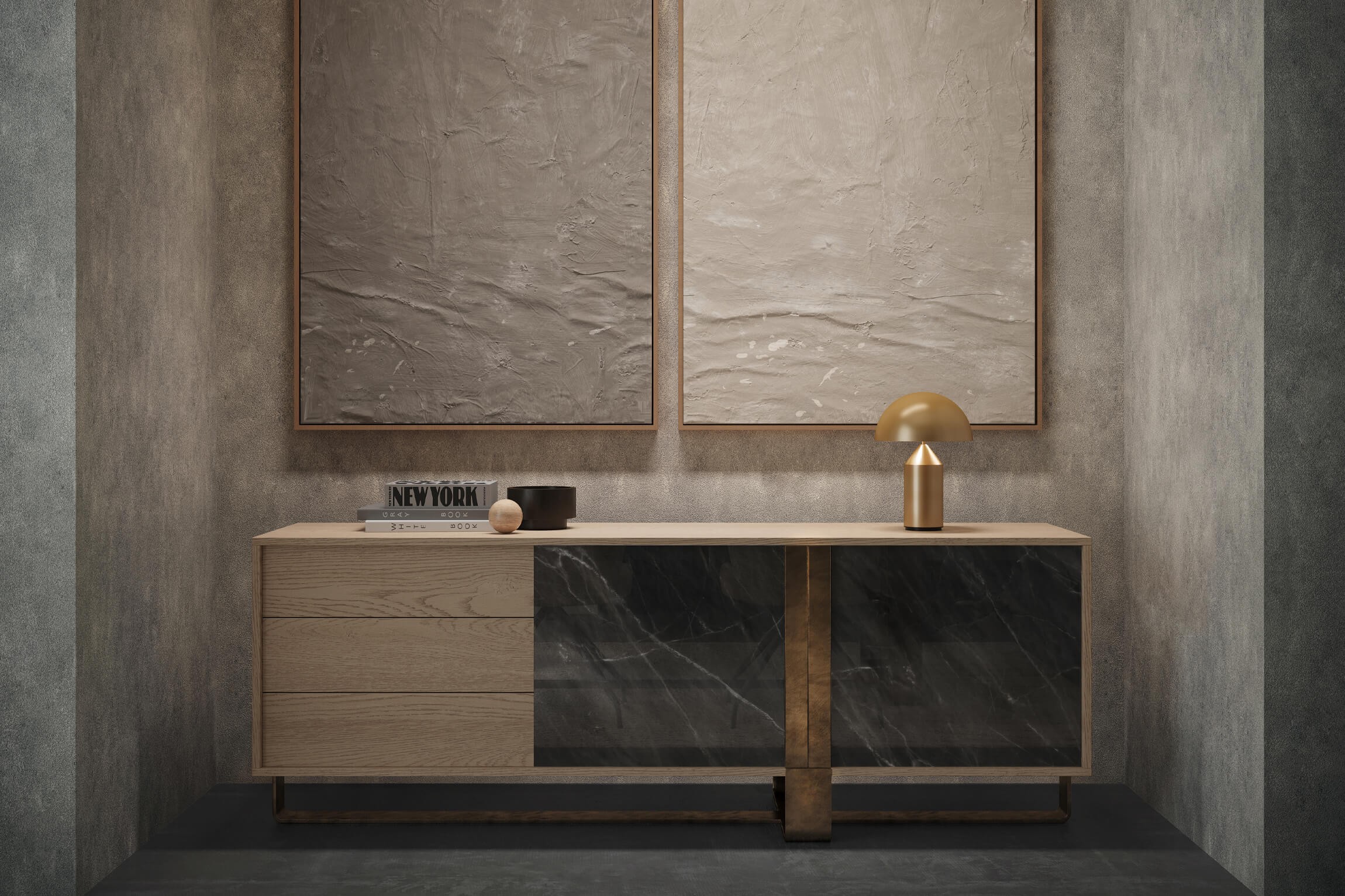 Lifestyle 3D Rendering of Wood and Stone Cabinet