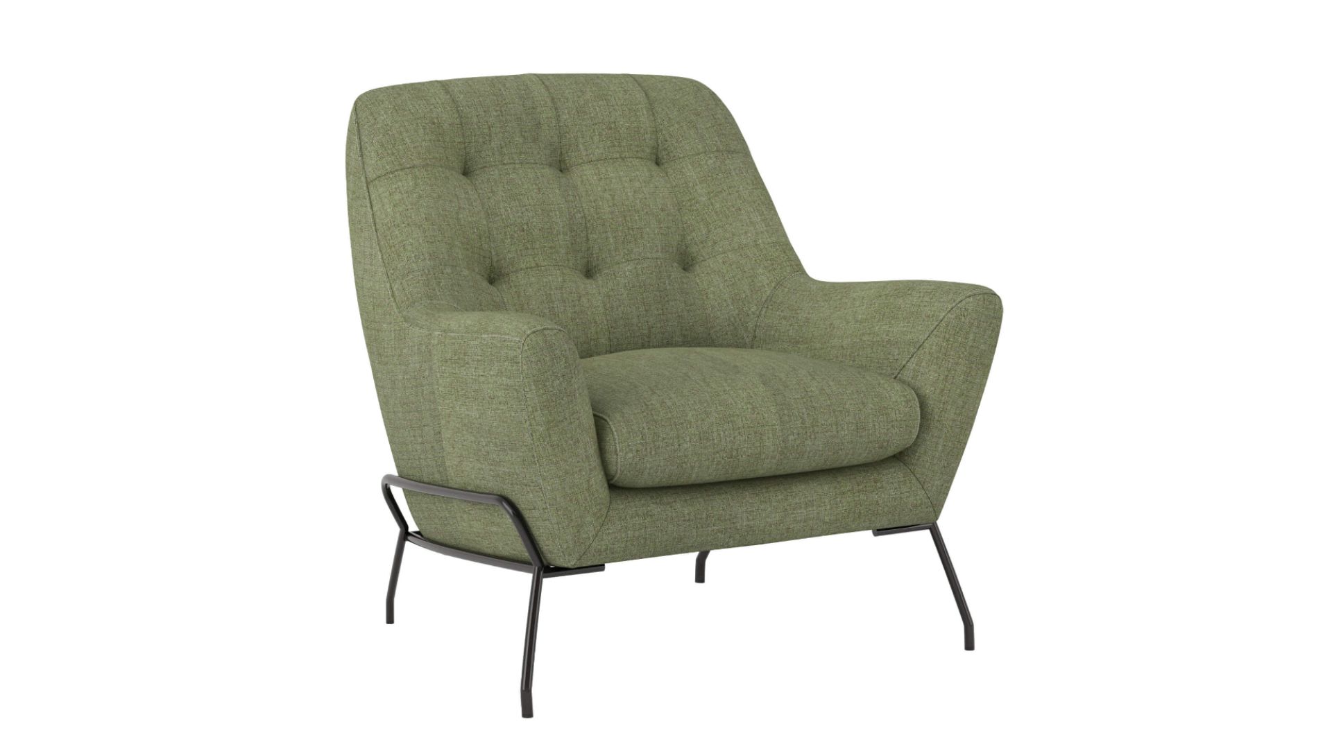 3D modeling for an armchair with a high back and armrests, upholstered in a textured green fabric