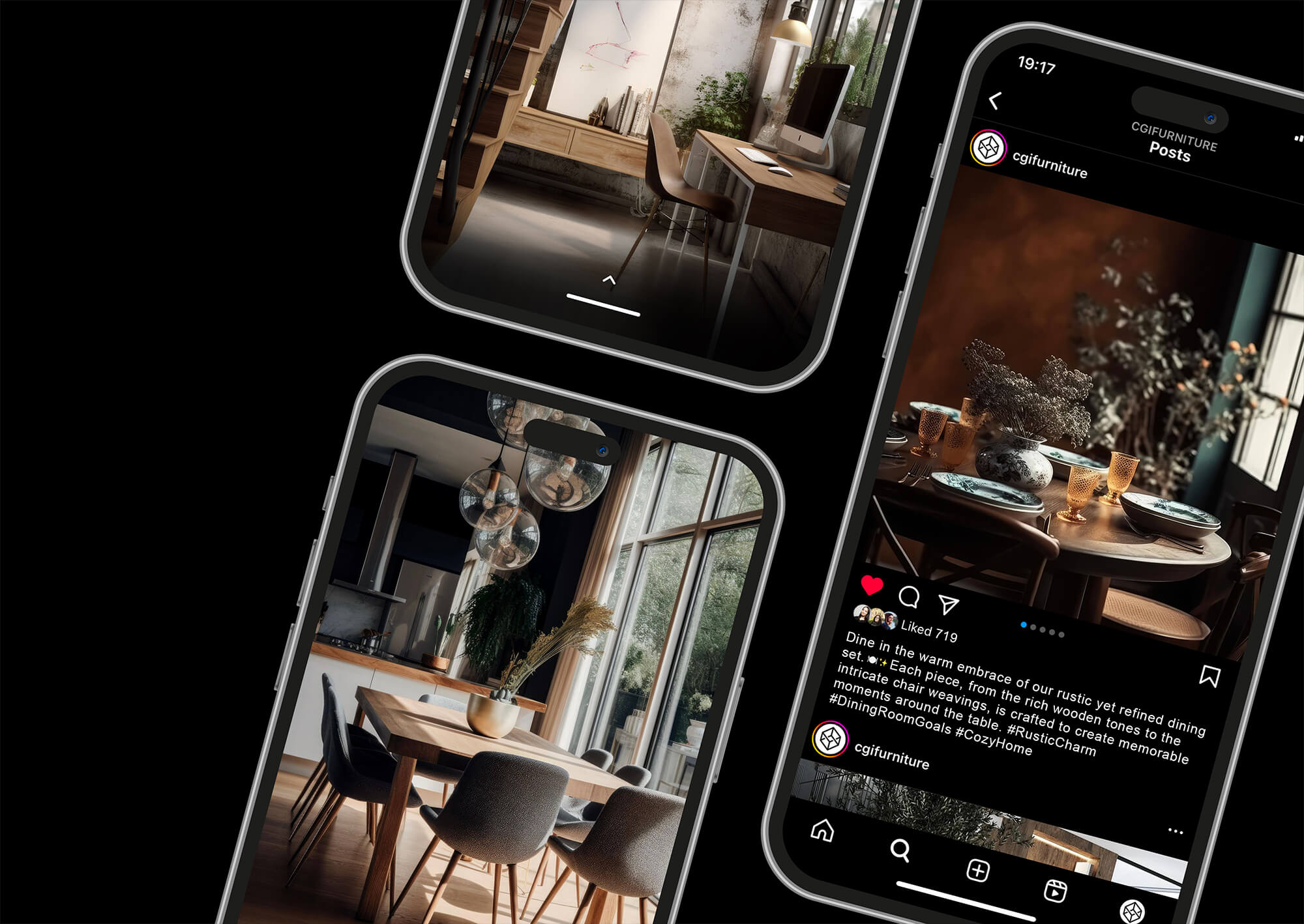 Mastering 3D Modelling presented in a smartphone showcasing interior design posts