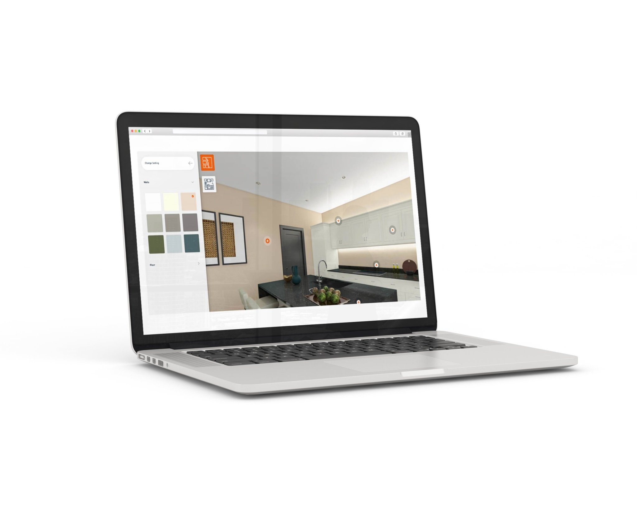 An interactive 3D room configurator on a laptop screen exemplifies online shopping innovations, a synonym of e-commerce product trends, highlighting hyper-personalized marketing and machine learning precision in customer journey optimization.