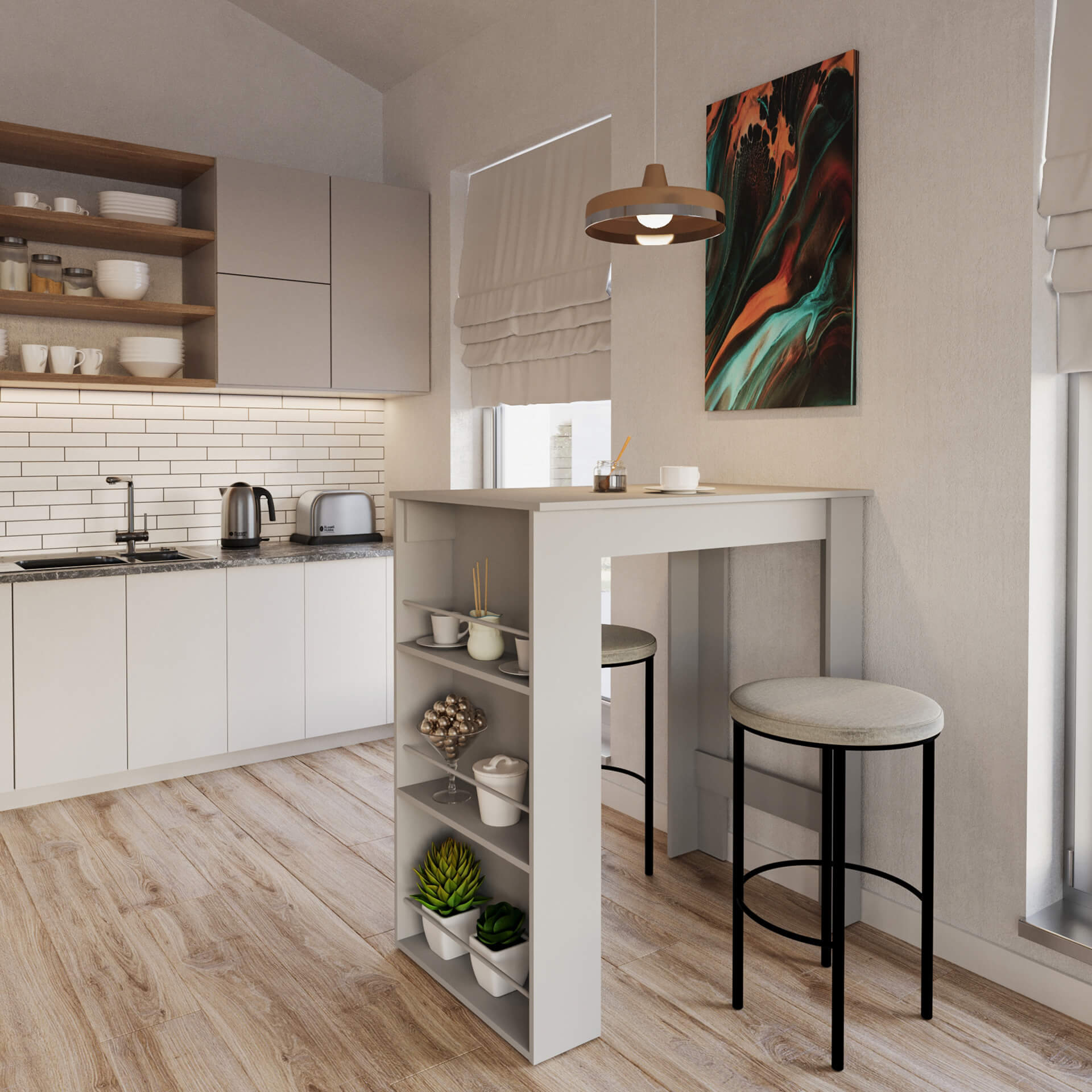 White Kitchen Shelves 3D Rendering