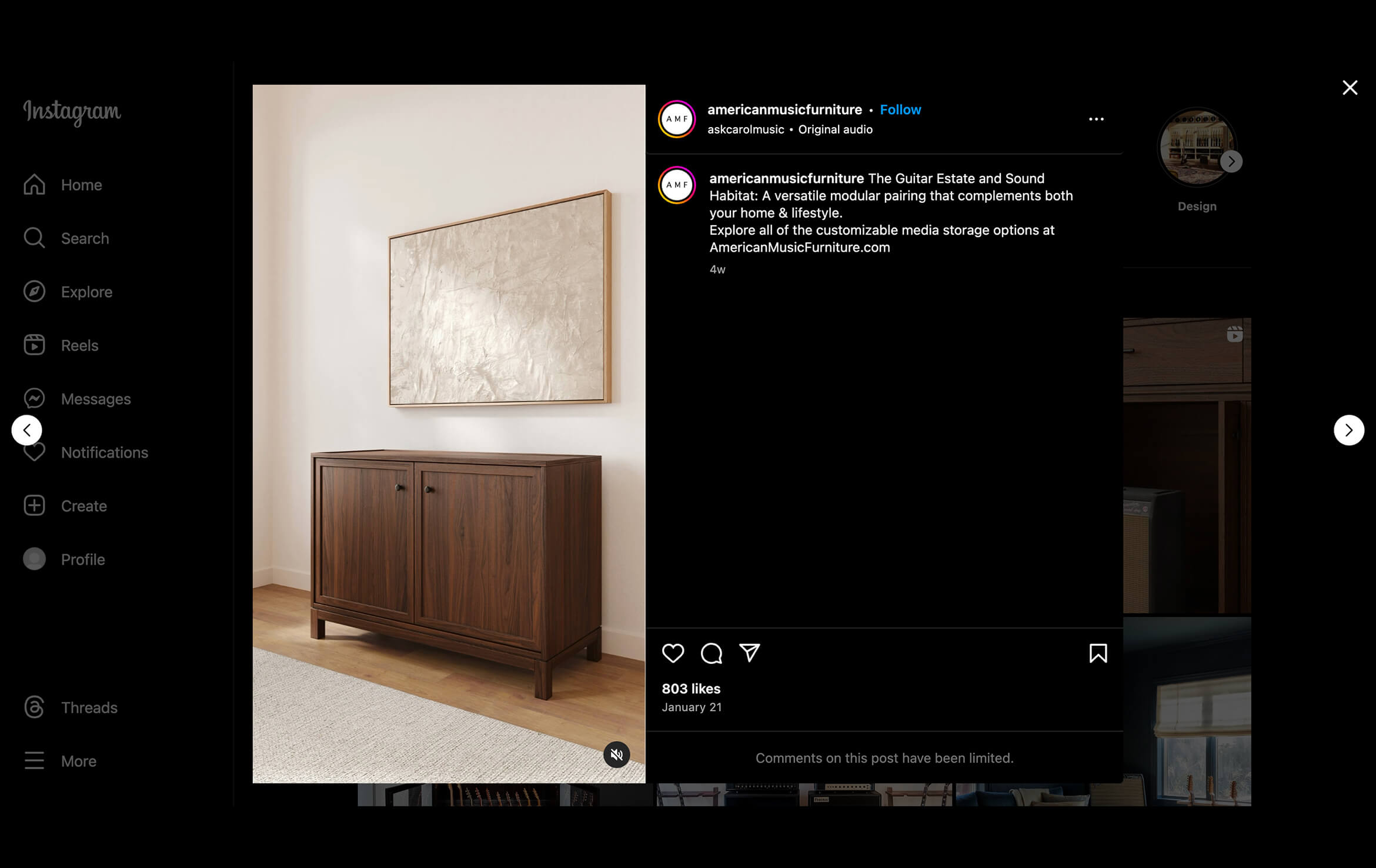 CG Rendering on American Music Furniture Instagram's Account