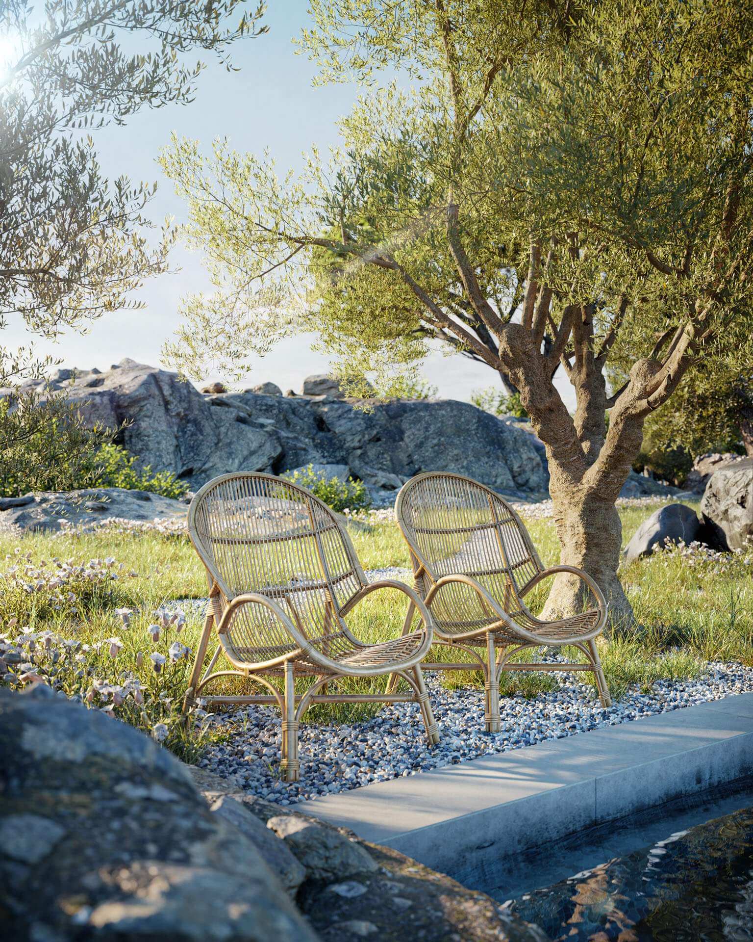 Wicker Chairs 3D Rendering in a Spring Setting