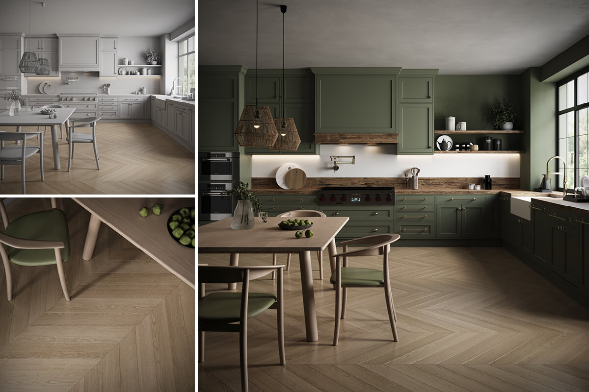 Premium 3D Lifestyle Scene for Warm-Toned Kitchen Flooring