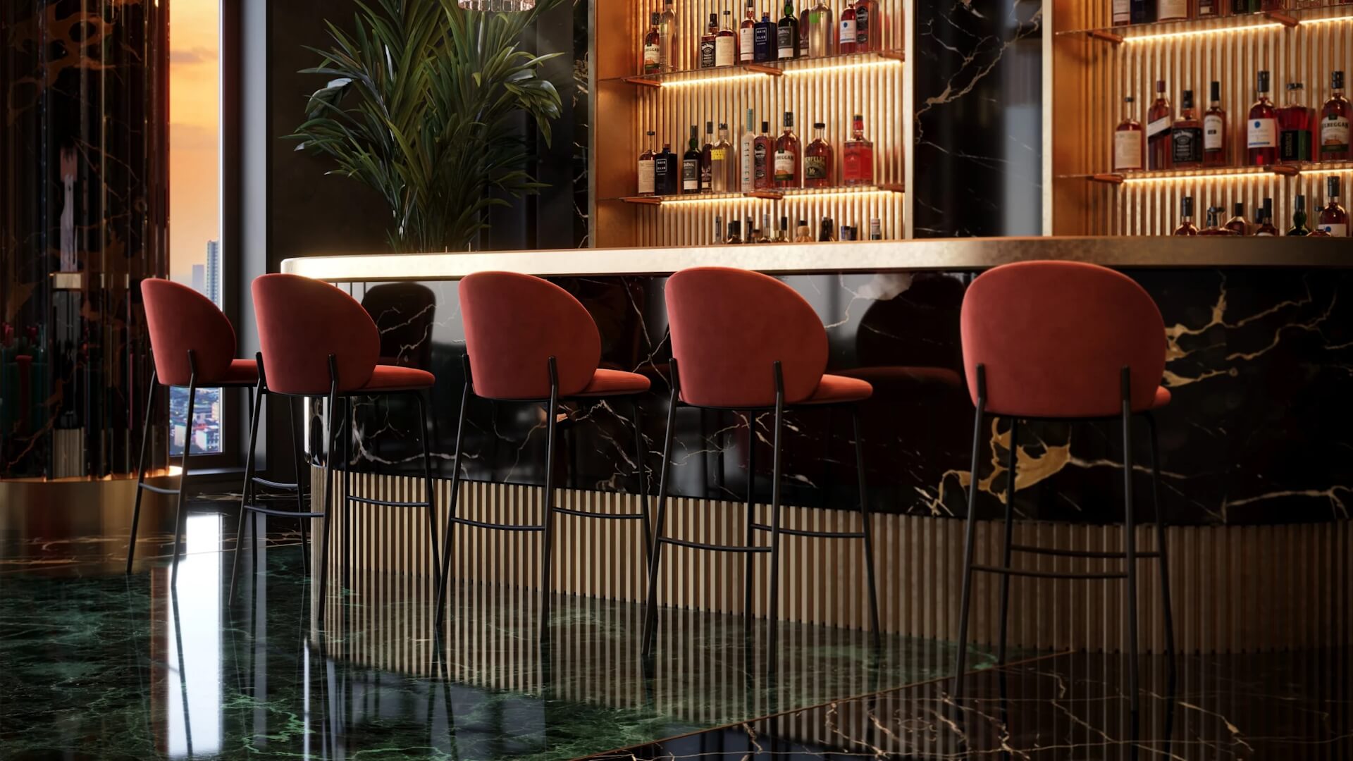 Luxurious Bar 3D Interior with Natural Stone Finishes