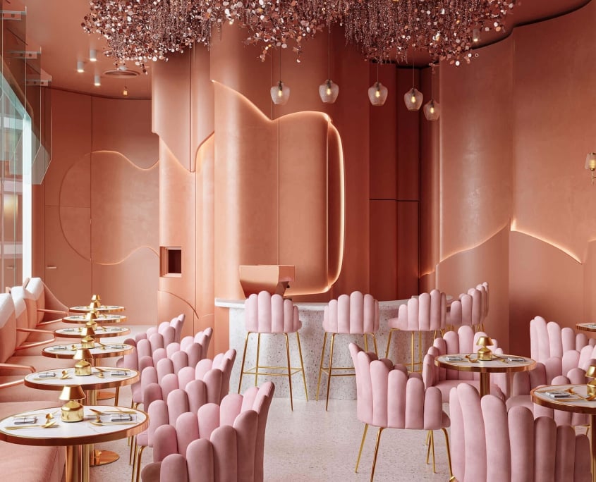 Commercial Interior Render for a Pink Restaurant