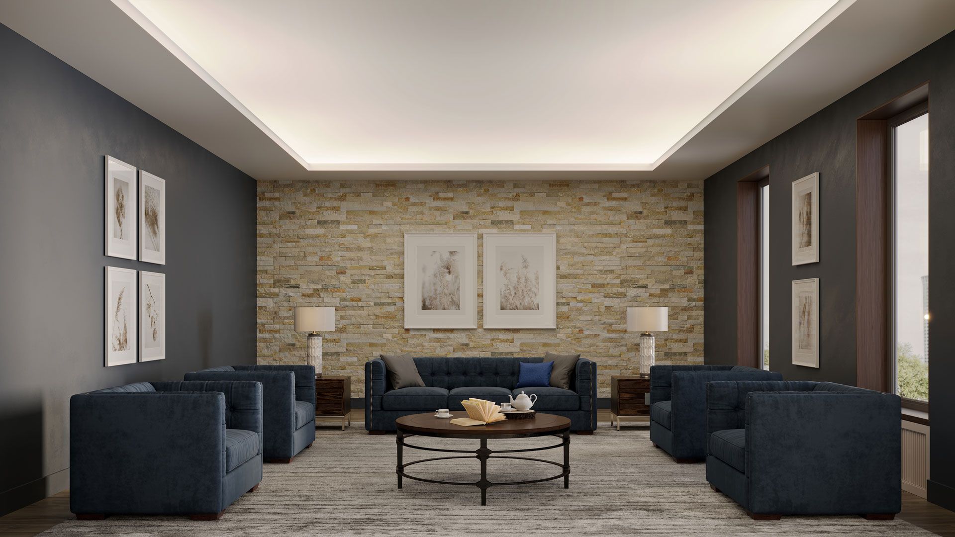 A lounge interior with soft cove lighting shown in an architectural lighting render