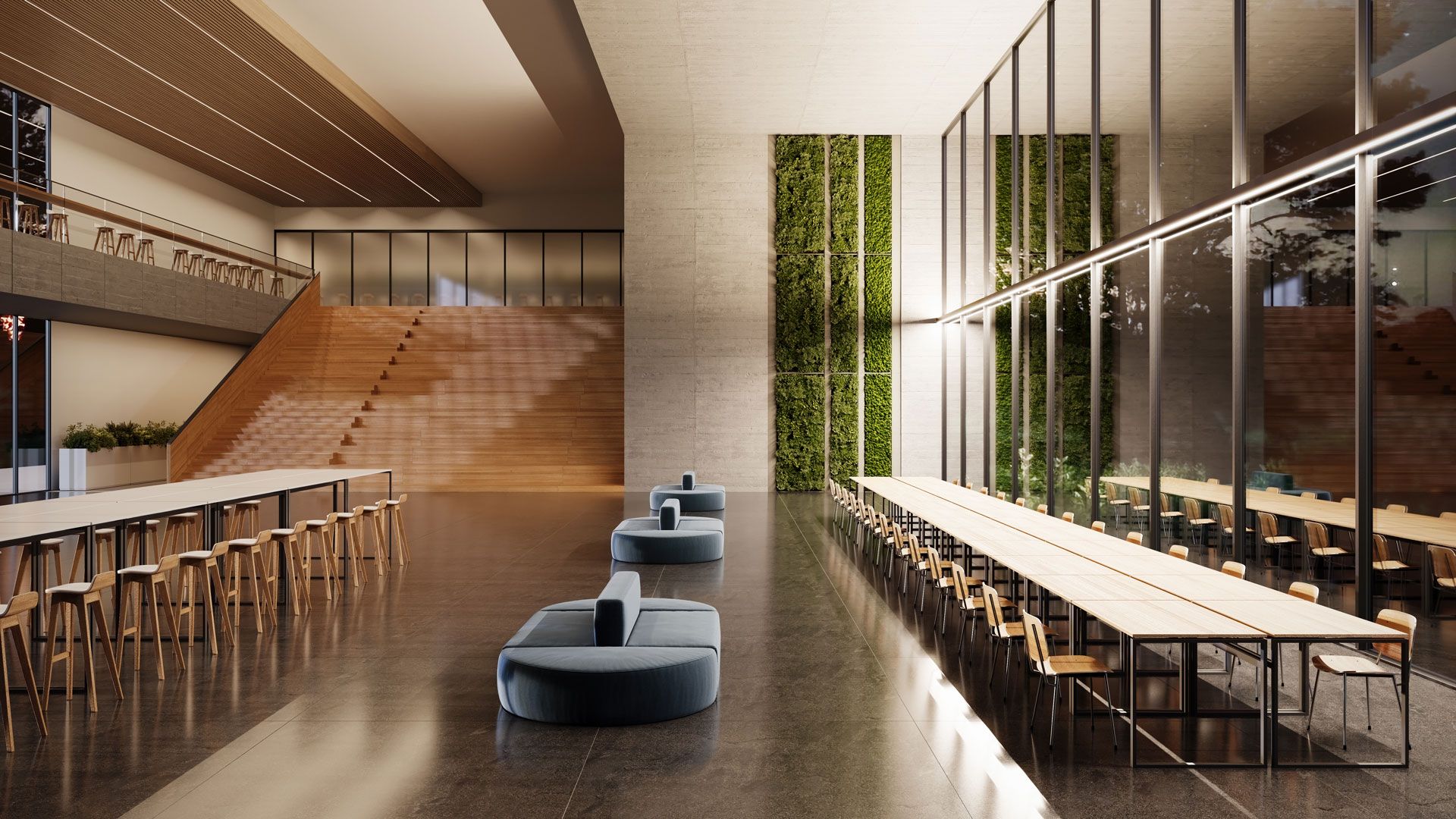 A large hall with ceiling strips and a tall green wall shown in a lifestyle product rendering