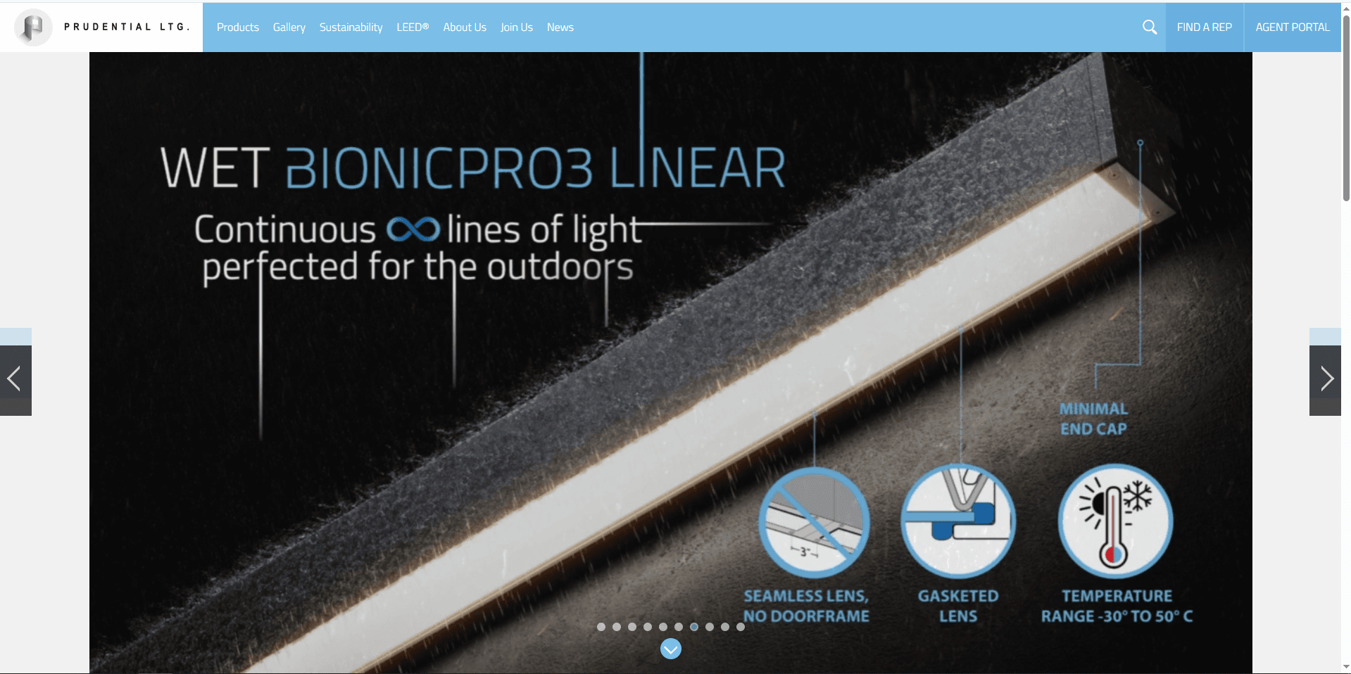 A weather-ready linear model appears in a website product layout with feature icons, shown in an LED fixture 3D render