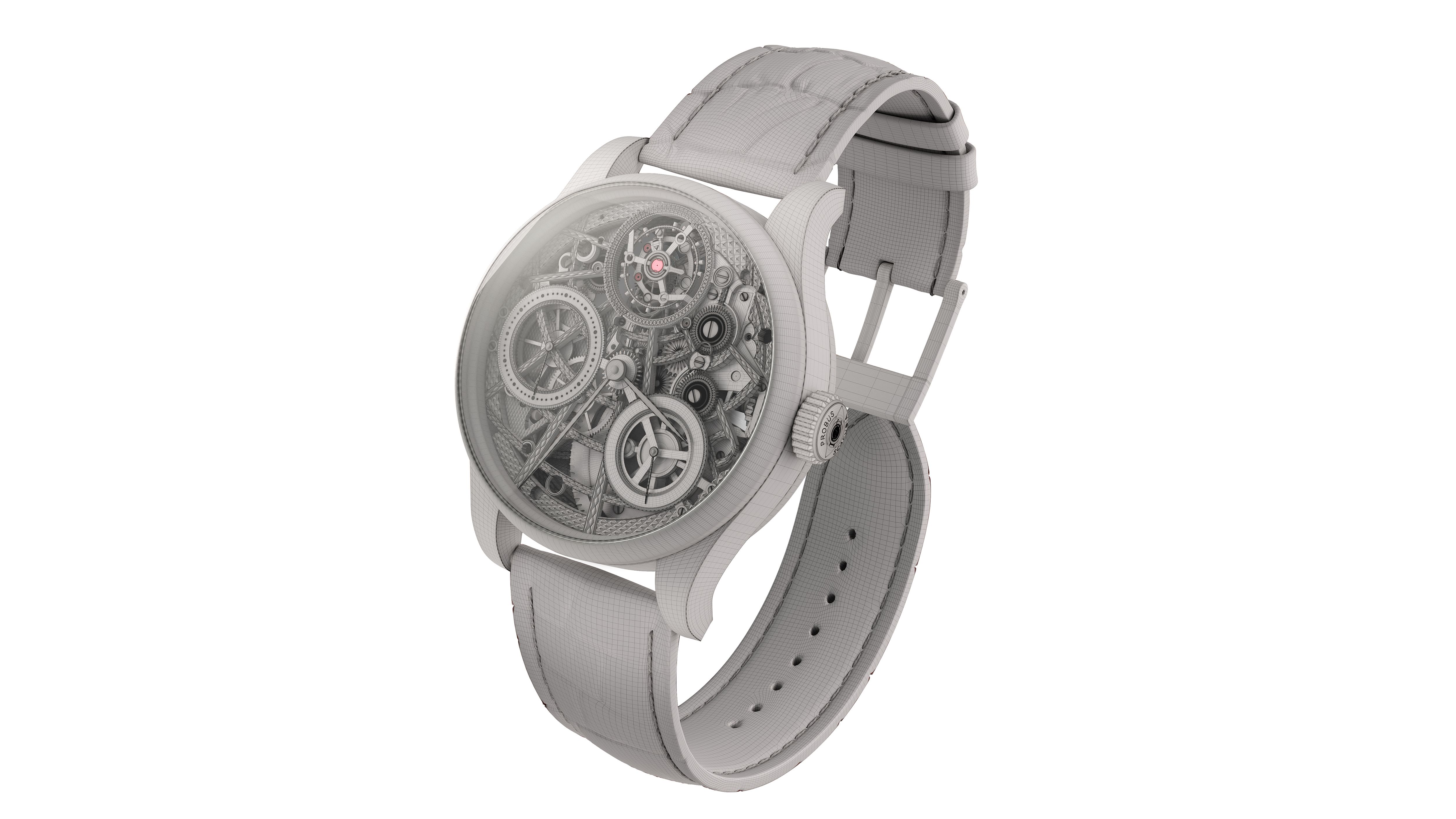 3D Rendering of a Skeleton Wristwatch in Grayscale Wireframe