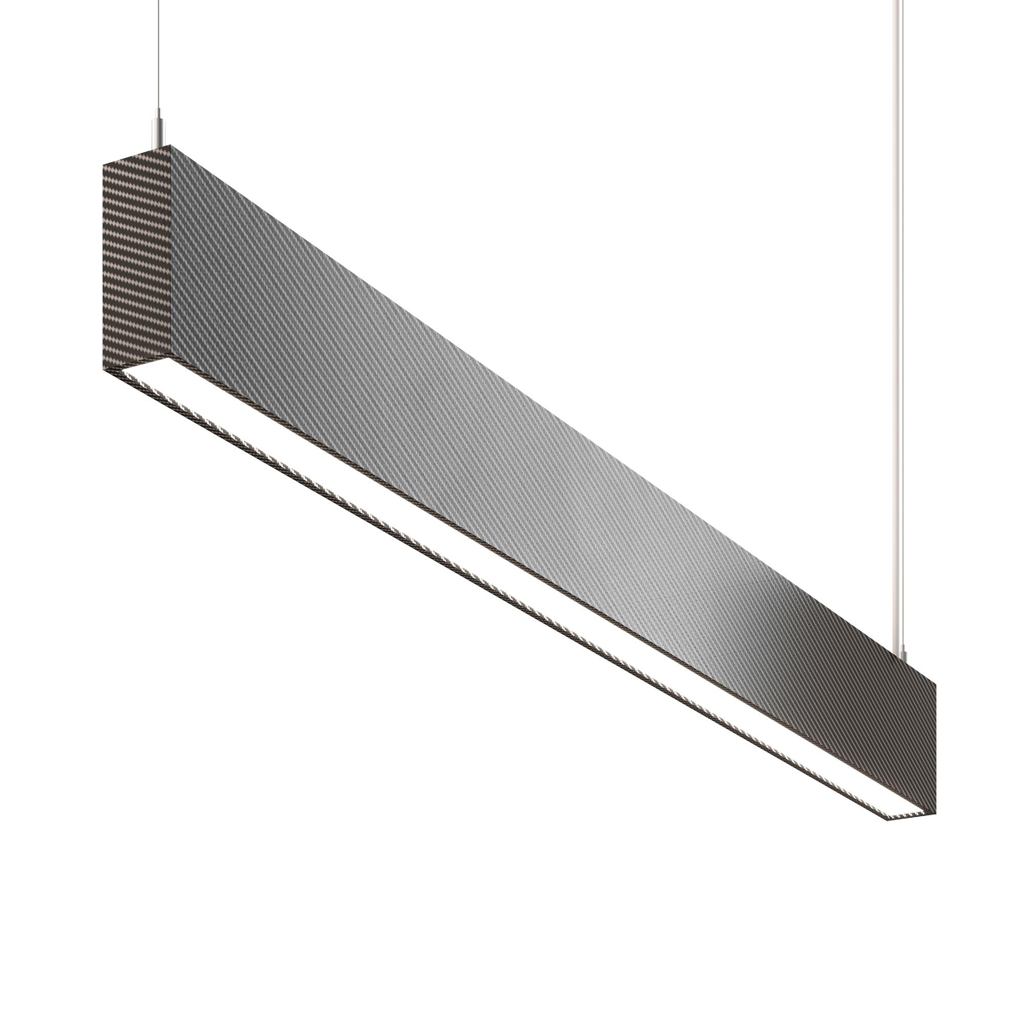 A carbon textured linear LED fixture shown from a long side angle in a photorealistic product render