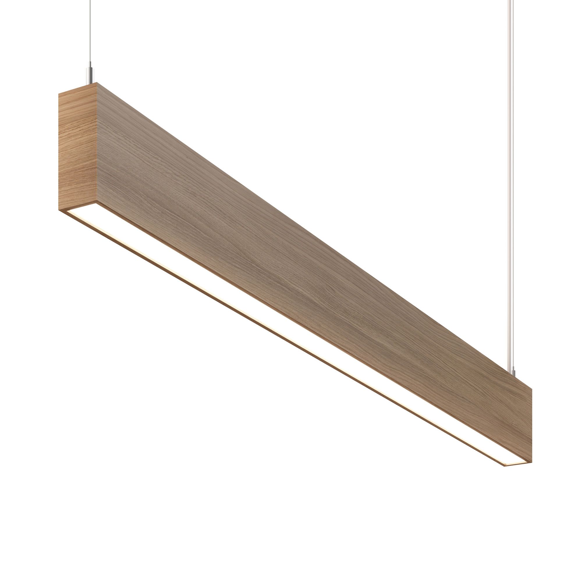 A light wood panel pendant with an integrated LED line shown in a clean studio view in a photorealistic product render