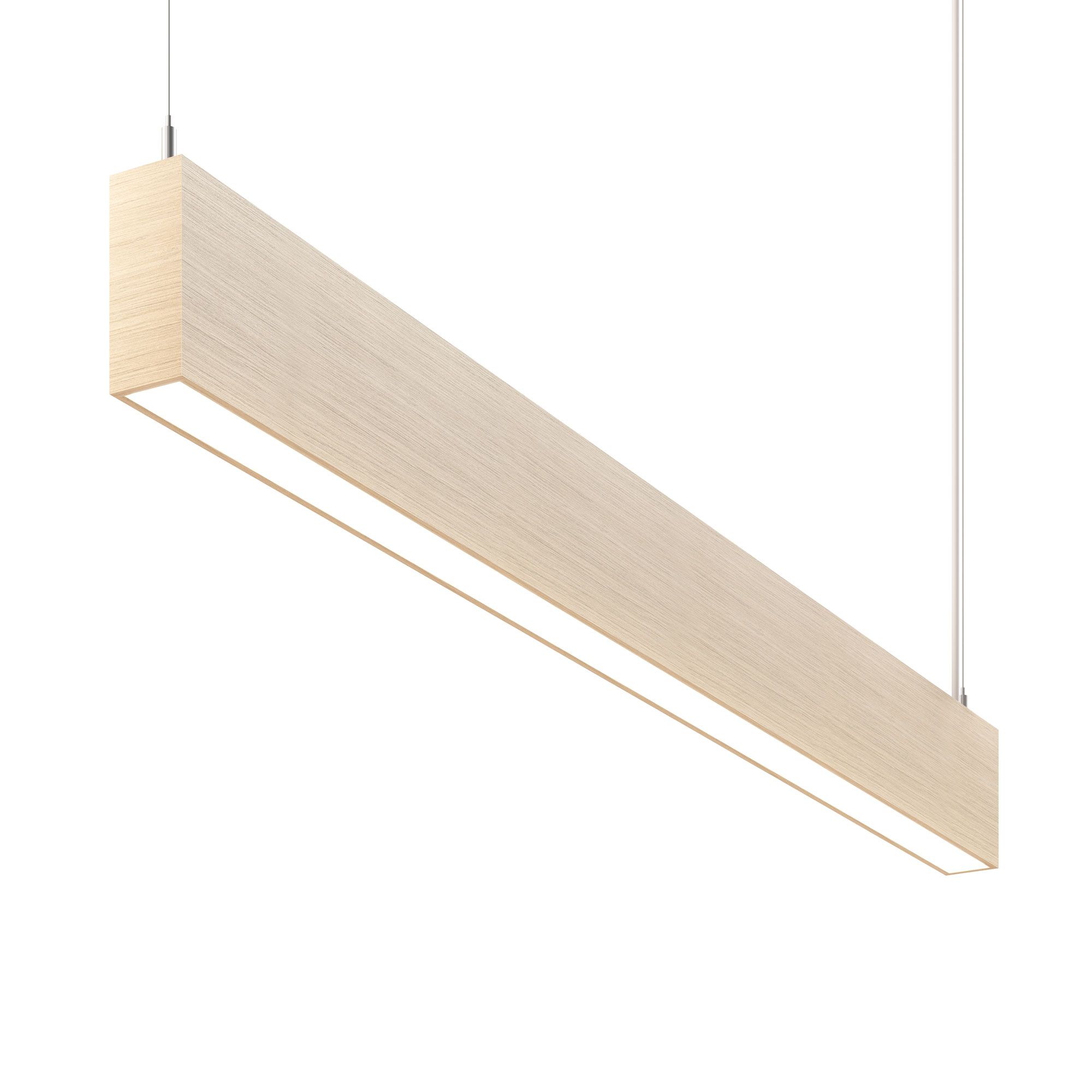 A cream toned linear panel light suspended on thin cables presented in a photorealistic product render