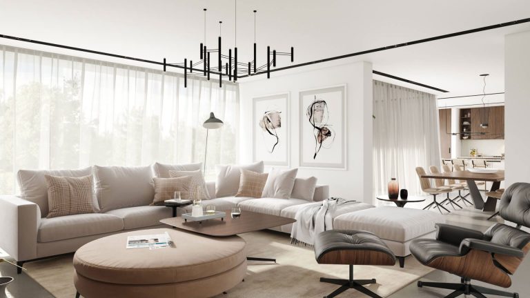 A 3D Image of a Neutral Living Room