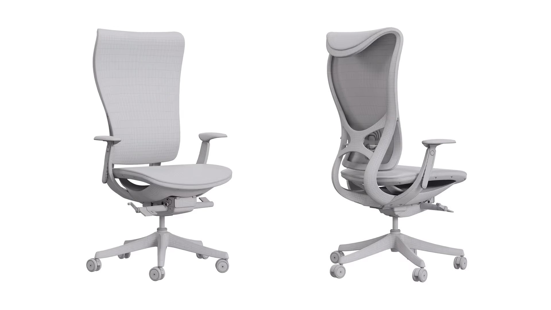 Untextured 3D model of an ergonomic office chair from two angles