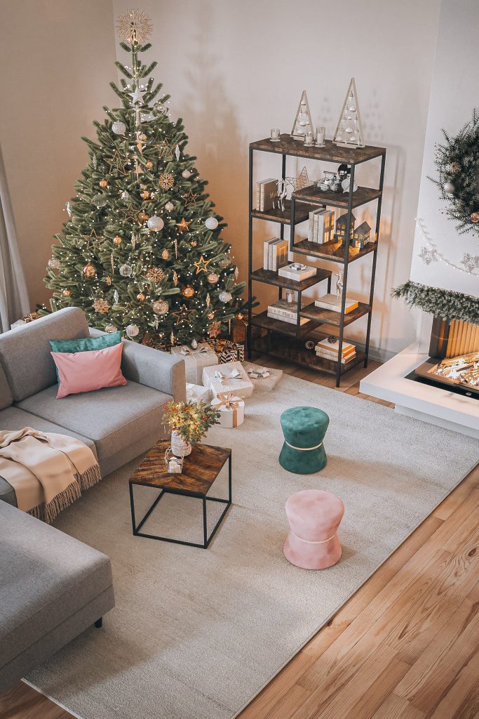 3D Interior Visualization of a Cozy Living Room with Christmas Decor