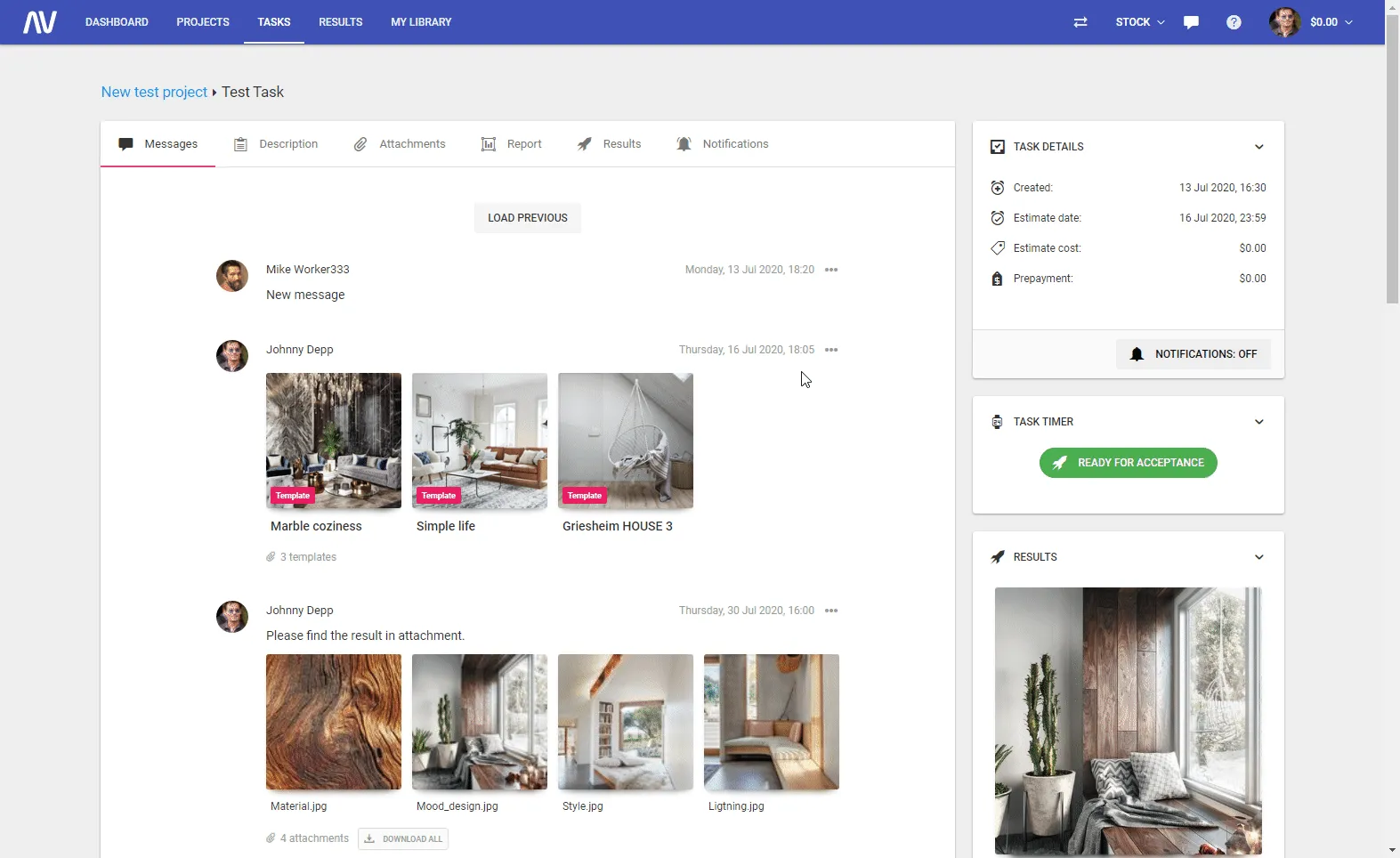 Dashboard of a 3D furniture visualization project management system tracking rendering workflows, production progress, and project status