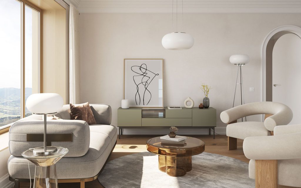 3D Interior Visualization of trendy Living Room with fittings Rendering
